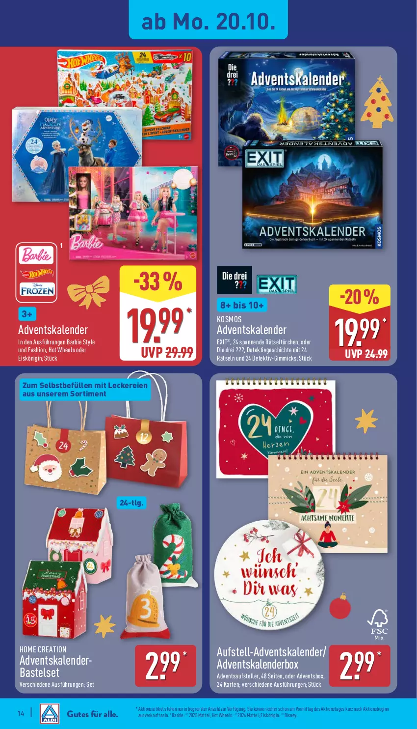 Aktueller Prospekt Aldi Nord - Von Montag - von 20.10 bis 25.10.2025 - strona 14 - produkty: Adventskalender, Barbie, disney, eis, Eiskönigin, elle, gin, Hot Wheels, LG, Mattel, teller, Ti, ZTE