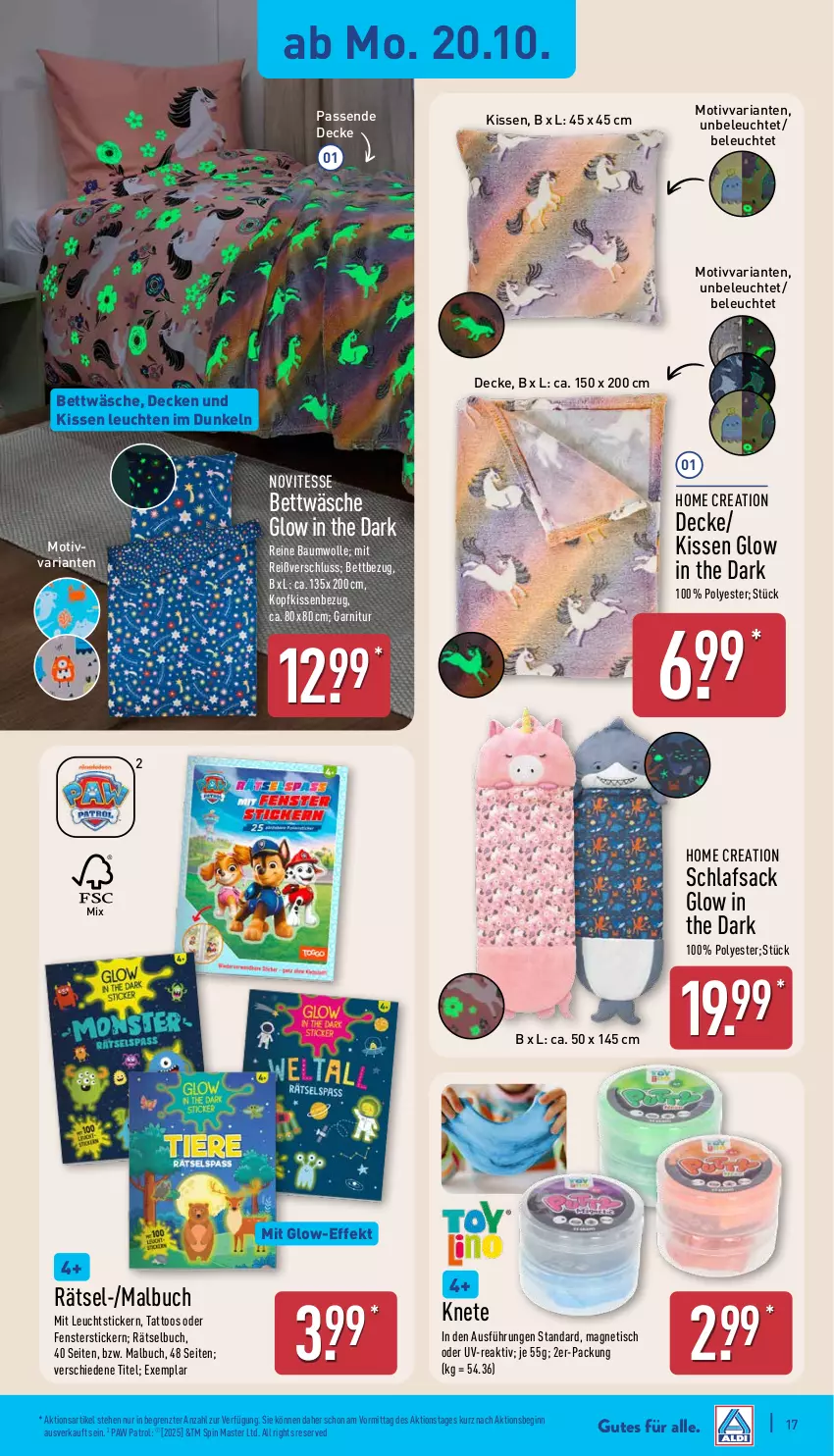 Aktueller Prospekt Aldi Nord - Von Montag - von 20.10 bis 25.10.2025 - strona 17 - produkty: Bau, baumwolle, bett, bettwäsche, buch, decke, fenster, garnitur, gin, kissen, Kissenbezug, kopfkissen, kopfkissenbezug, Leuchte, leuchten, Malbuch, Paw Patrol, reine baumwolle, Ria, sac, schlafsack, Ti, tisch, wolle, ZTE