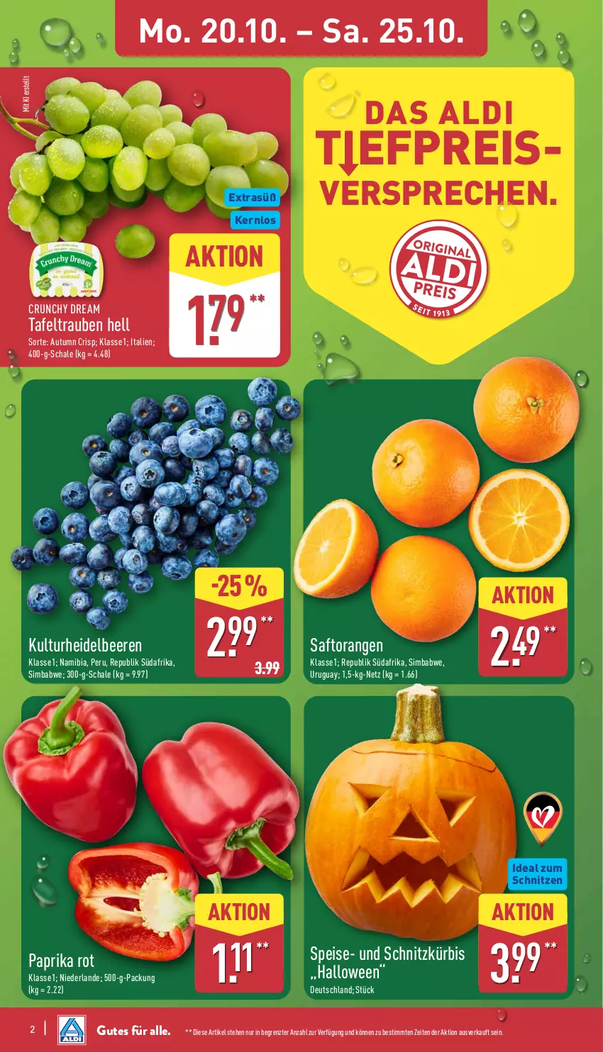 Aktueller Prospekt Aldi Nord - Von Montag - von 20.10 bis 25.10.2025 - strona 2 - produkty: aldi, beere, beeren, eis, heidelbeere, heidelbeeren, Kürbis, orange, orangen, paprika, paprika rot, reis, saft, Saftorangen, Schal, Schale, sim, simba, tafeltrauben, Ti, trauben, ZTE