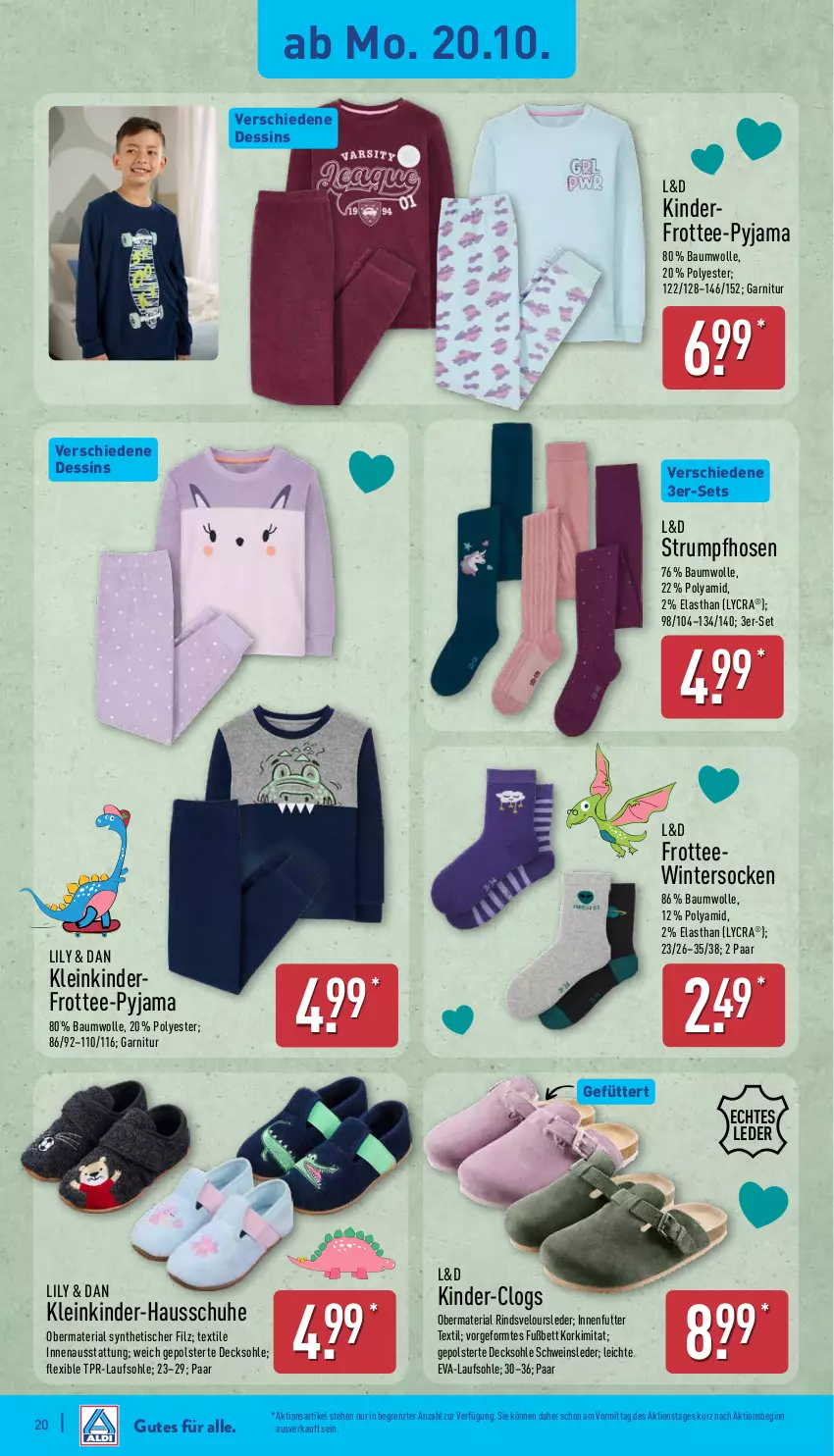 Aktueller Prospekt Aldi Nord - Von Montag - von 20.10 bis 25.10.2025 - strona 20 - produkty: Bau, baumwolle, bett, Clogs, decksohle, garnitur, gin, Hausschuhe, hose, hosen, Kinder, Pyjama, Ria, rind, rum, schuhe, schwein, socken, Strumpfhose, tee, Ti, tisch, wein, wolle, ZTE