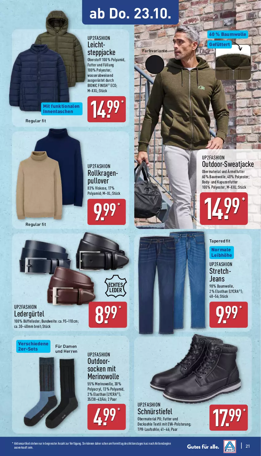 Aktueller Prospekt Aldi Nord - Von Montag - von 20.10 bis 25.10.2025 - strona 21 - produkty: Bau, baumwolle, bio, body, Brei, decksohle, eis, elle, Finish, gin, Jacke, jeans, Pullover, Ria, Schnürstiefel, socken, Steppjacke, Stretchjeans, sweatjacke, Tasche, taschen, Ti, up2fashion, wasser, wolle, ZTE
