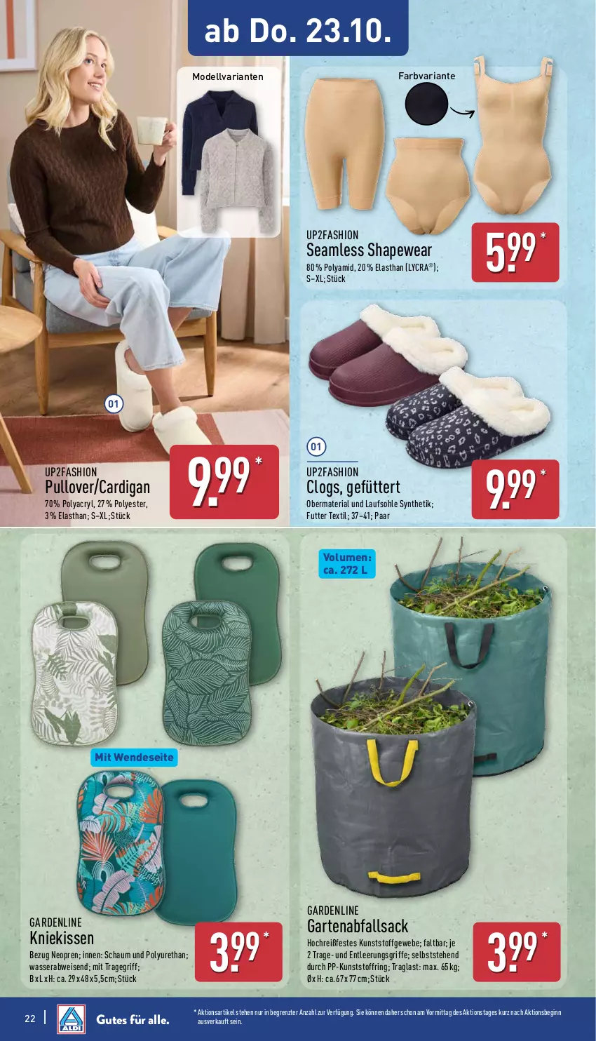 Aktueller Prospekt Aldi Nord - Von Montag - von 20.10 bis 25.10.2025 - strona 22 - produkty: Cardigan, Clogs, dell, eis, Garten, gin, kissen, Kniekissen, Mode, Pullover, Ria, ring, sac, Ti, tragegriff, up2fashion, wasser, ZTE