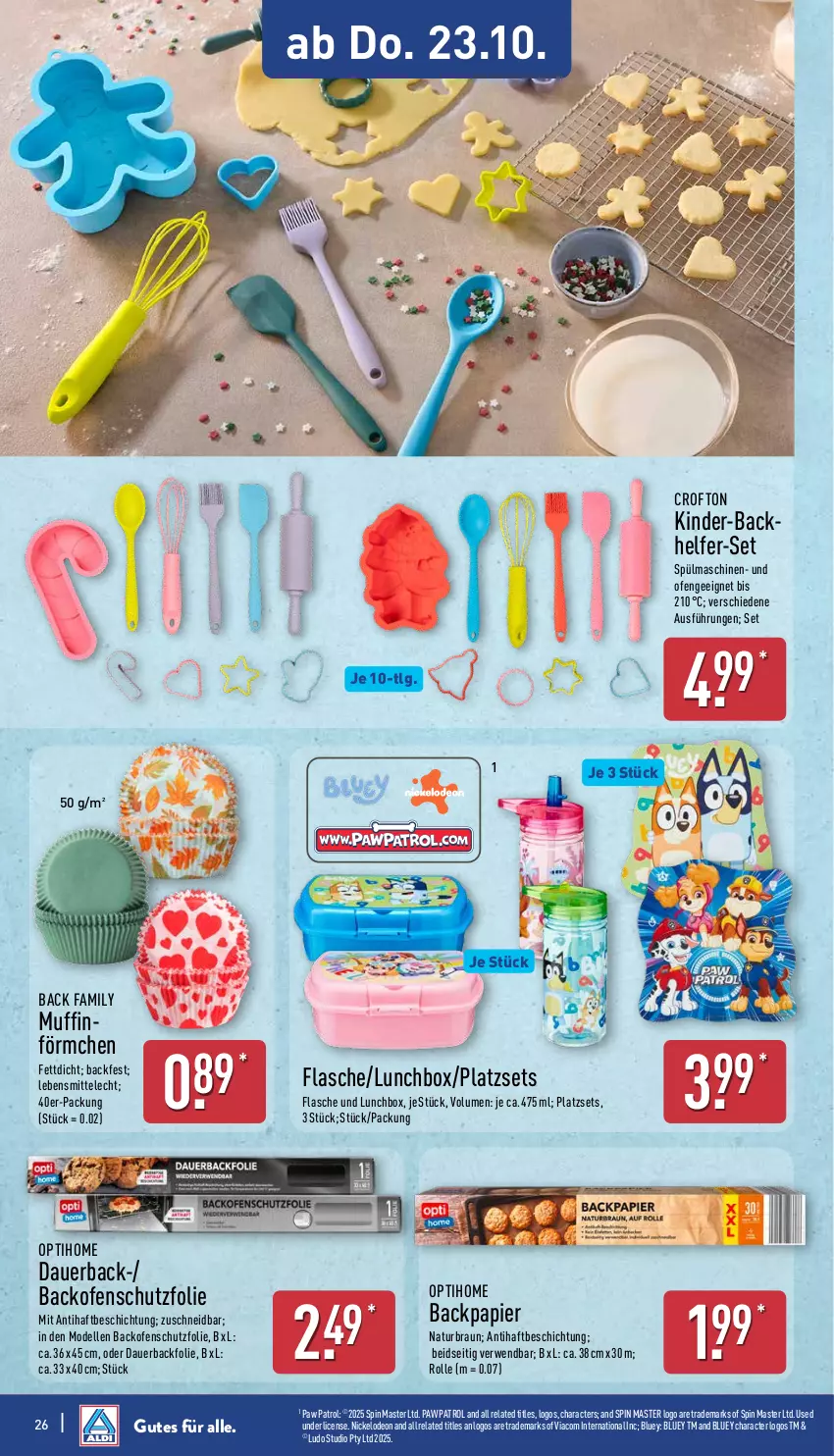 Aktueller Prospekt Aldi Nord - Von Montag - von 20.10 bis 25.10.2025 - strona 26 - produkty: auer, Backfolie, backofen, braun, Crofton, dell, deo, elle, flasche, Kinder, lebensmittel, LG, lunchbox, Mode, Muffin, natur, Ofen, papier, Paw Patrol, rel, rwe, spülmaschinen, Ti