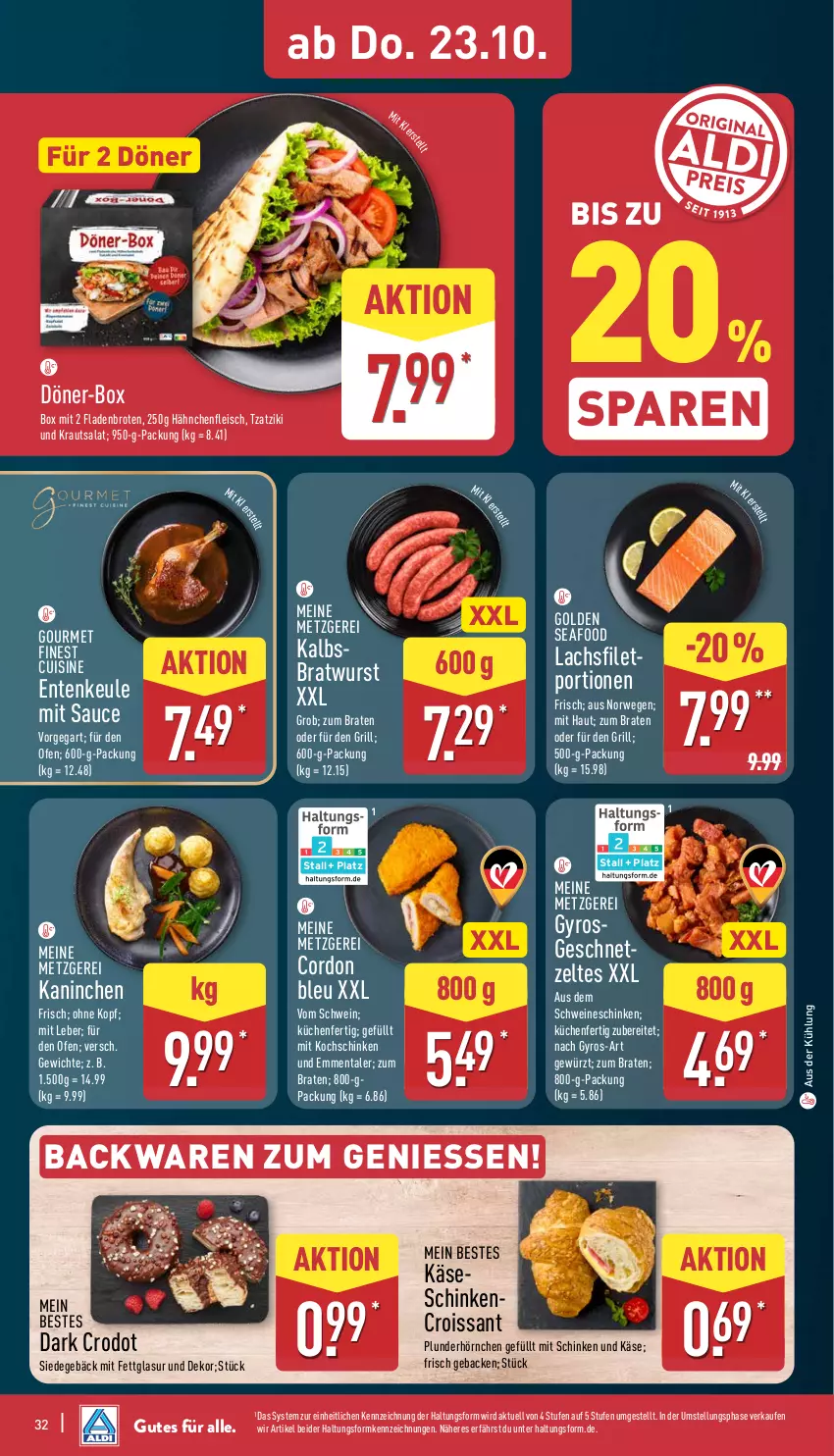Aktueller Prospekt Aldi Nord - Von Montag - von 20.10 bis 25.10.2025 - strona 32 - produkty: backwaren, bio, braten, bratwurst, brot, cordon bleu, Croissant, eis, emmentaler, ente, Entenkeule, filet, fleisch, geback, gewürz, grill, gyros, hörnchen, Kalbsbratwurst, Käse, kochschinken, Kraut, krautsalat, küche, Küchen, lachs, lachsfilet, Ofen, Plunder, rwe, salat, sauce, schinken, schwein, schweine, Ti, tzatziki, wein, weine, wurst, Zelt
