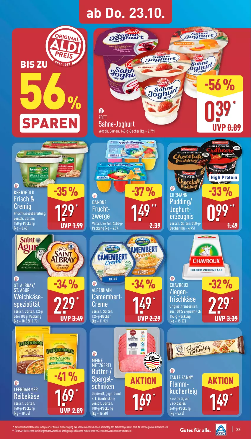 Aktueller Prospekt Aldi Nord - Von Montag - von 20.10 bis 25.10.2025 - strona 33 - produkty: albray, Alpenhain, Becher, butter, camembert, chavroux, creme, danone, ehrmann, ente, frischkäse, frischkäsezubereitung, frucht, gin, joghur, joghurt, Käse, kerrygold, kuchen, lamm, leerdammer, milch, papier, pudding, Reibekäse, sahne, schinken, spargel, Spezi, St. Albray, tante fanny, Ti, weichkäse, zott, ZTE