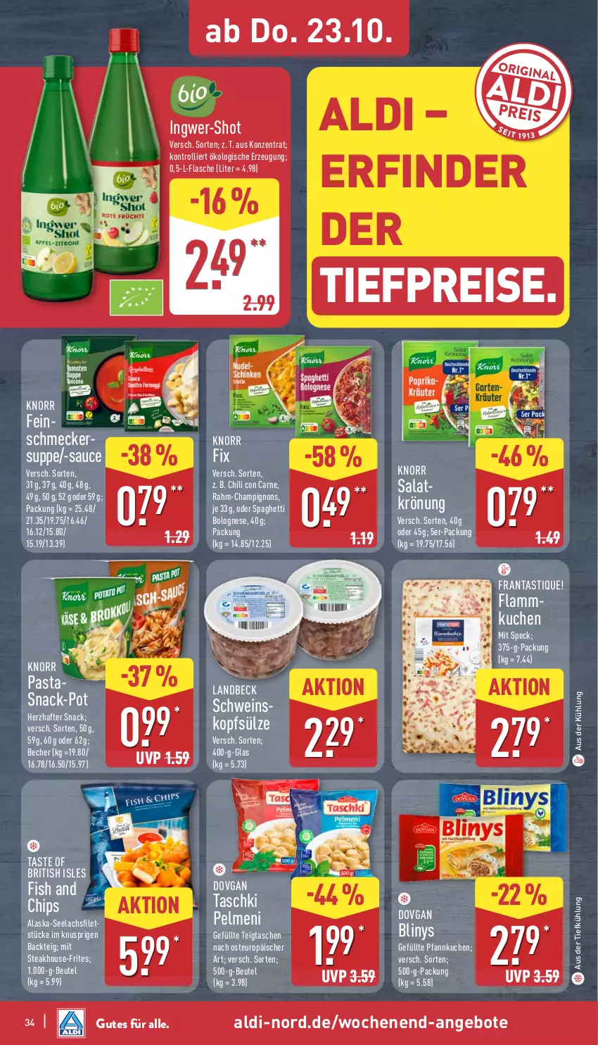 Aktueller Prospekt Aldi Nord - Von Montag - von 20.10 bis 25.10.2025 - strona 34 - produkty: Alaska-Seelachs, Alaska-Seelachsfilet, aldi, angebot, angebote, asti, aus der tiefkühlung, Becher, beutel, bolognese, champignon, champignons, chili, chips, dovgan, eis, filet, flasche, ingwer, knorr, knorr fix, knorr pasta, kuchen, lachs, lachsfilet, lamm, pasta, pelmeni, Pfannkuchen, reis, salat, sauce, schwein, seelachsfilet, snack, spaghetti, spaghetti bolognese, Speck, steak, suppe, Tasche, taschen, taschki, Ti, tiefpreis, trolli, wein