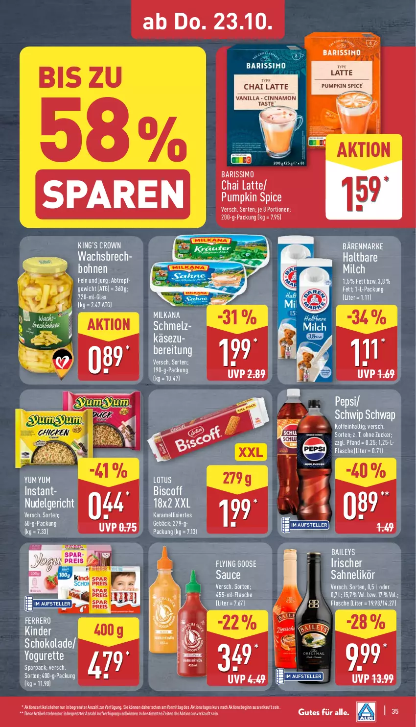 Aktueller Prospekt Aldi Nord - Von Montag - von 20.10 bis 25.10.2025 - strona 35 - produkty: baileys, bärenmarke, biscoff, bohne, bohnen, elle, ferrero, flasche, gin, haltbare milch, karamell, Käse, Kinder, kinder schokolade, latte, LG, likör, milch, milka, milkana, nudel, Nudelgericht, pepsi, sahne, sauce, schoko, schokolade, Schwip Schwap, sim, teller, Ti, Yo, yogurette, Yum Yum, ZTE, zucker