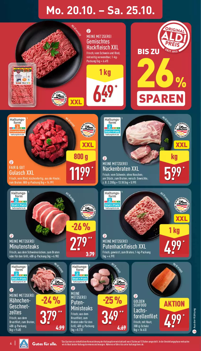 Aktueller Prospekt Aldi Nord - Von Montag - von 20.10 bis 25.10.2025 - strona 4 - produkty: bio, braten, brustfilet, eis, elle, filet, fleisch, forelle, gewürz, grill, gulasch, hackfleisch, küche, Küchen, lachs, pute, Putenhackfleisch, rel, rind, rwe, Schal, Schale, schwein, schwein und rind, schweine, schweinerücken, steak, steaks, Ti, vom schwein und rind, wein, weine, Zelt