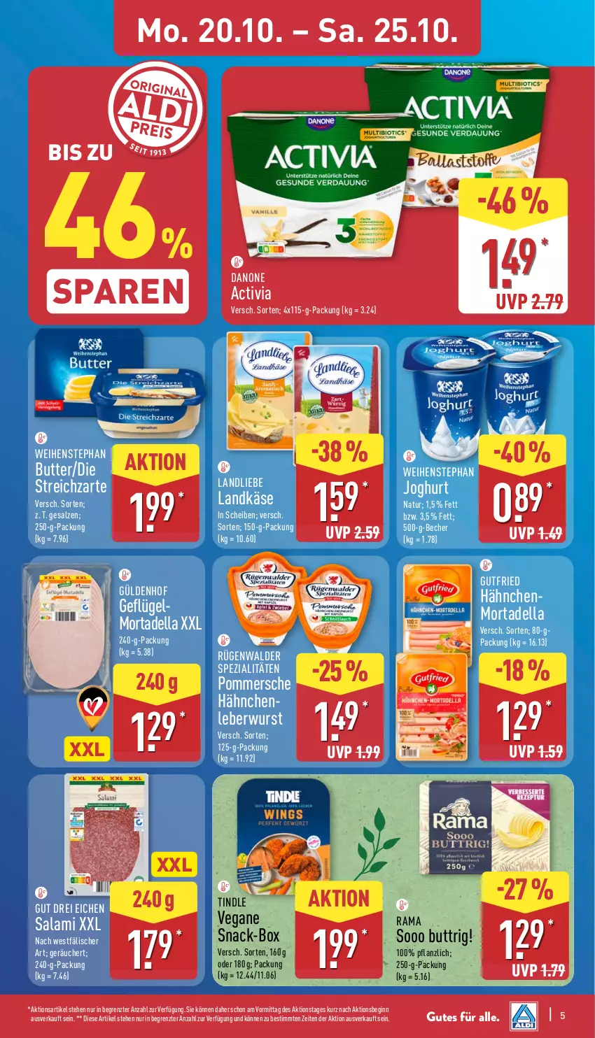 Aktueller Prospekt Aldi Nord - Von Montag - von 20.10 bis 25.10.2025 - strona 5 - produkty: activia, Becher, butter, danone, danone activia, dell, Geflügel, gin, gutfried, joghur, joghurt, Käse, landkäse, landliebe, leberwurst, mortadella, natur, ndk, Pommersche, rama, rügenwalder, salami, salz, snack, Spezi, Streichzart, Ti, weihenstephan, wurst, ZTE