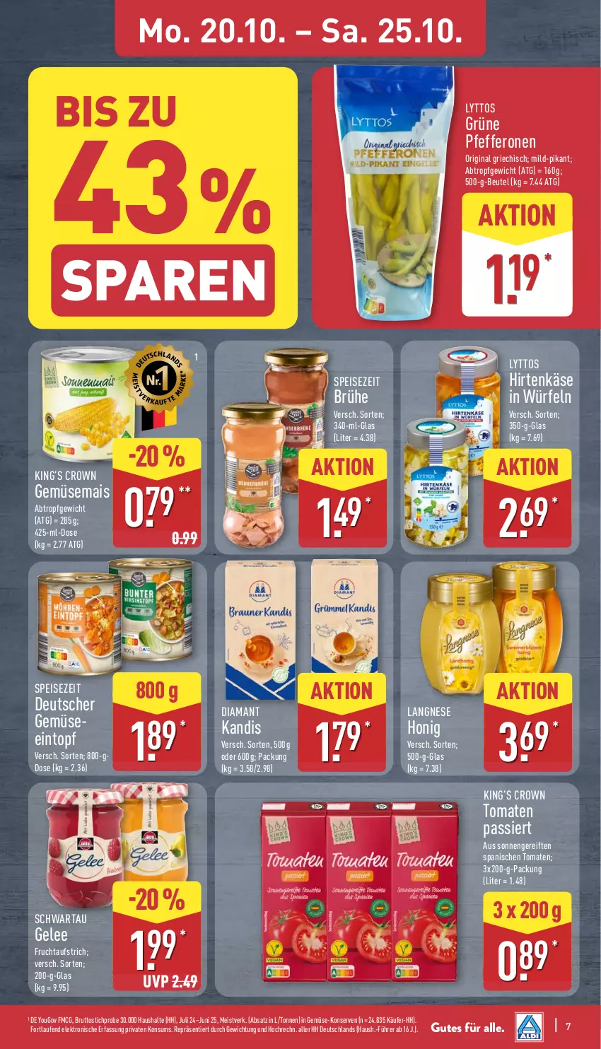 Aktueller Prospekt Aldi Nord - Von Montag - von 20.10 bis 25.10.2025 - strona 7 - produkty: aufstrich, beutel, Brühe, brut, eintopf, eis, Elektro, frucht, fruchtaufstrich, gelee, gemüsemais, gin, hirtenkäse, honig, HP, Käse, Konserven, langnese, Laufen, mais, pfeffer, pfefferonen, Schwartau, Ti, tomate, tomaten, Tomaten Passiert, topf, würfel, Yo