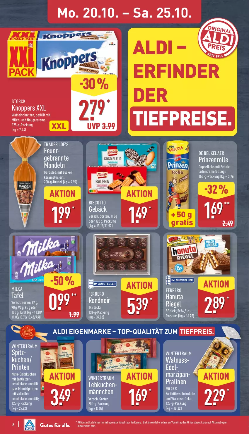 Aktueller Prospekt Aldi Nord - Von Montag - von 20.10 bis 25.10.2025 - strona 8 - produkty: aldi, beutel, biscotto, creme, de beukelaer, eis, elle, ferrero, gin, hanuta, karamell, keks, knoppers, kuchen, Lebkuchen, mandel, mandeln, marzipan, milch, milka, Nougatcreme, nuss, pralinen, prinzenrolle, reis, riegel, schnitten, schoko, schokolade, storck, teller, Ti, tiefpreis, vollmilch, Waffelschnitte, walnuss, Zartbitterschokolade, ZTE, zucker