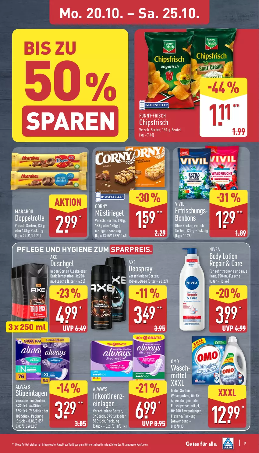 Aktueller Prospekt Aldi Nord - Von Montag - von 20.10 bis 25.10.2025 - strona 9 - produkty: Alwa, Always, axe, axe duschgel, beutel, body, body lotion, bonbons, chips, chipsfrisch, corny, deo, deospray, duschgel, eis, elle, flasche, funny-frisch, HP, Lotion, Marabou, müsli, Müsliriegel, nivea, reis, riegel, slip, slipeinlagen, teller, Ti, waschmittel, Waschpulver, ZTE, zucker