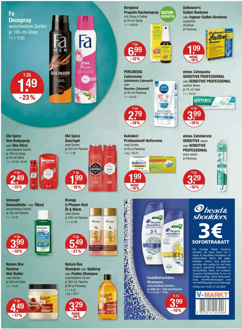 Aktueller Prospekt Vmarkt - Prospekte - von 15.02 bis 21.02.2024 - strona 10 - produkty: Bad, body, bodyspray, bonbons, bürste, butter, creme, deo, duschgel, eis, elmex, ente, flasche, Gesundheit, gin, Haftcreme, ingwer, Kukident, milch, natur, nature box, Old Spice, pasta, Propolis, Rauch, shampoo, shampoo oder spülung, sofortrabatt, spülung, tee, Ti, zahnbürste, zahncreme, zahnpasta, zucker