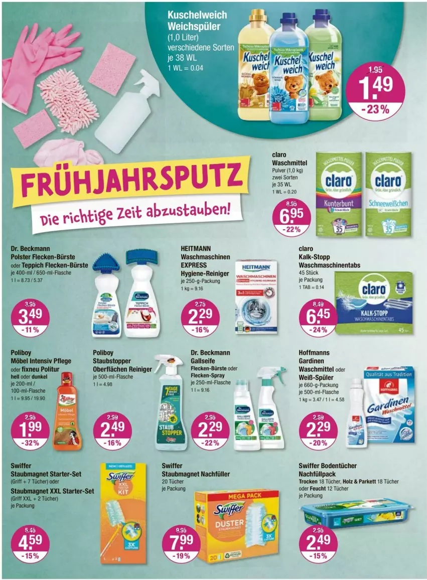 Aktueller Prospekt Vmarkt - Prospekte - von 15.02 bis 21.02.2024 - strona 12 - produkty: Bodentücher, bürste, Dr. Beckmann, flasche, Gardinen, heitmann, Holz, hygiene-reiniger, je 250-g-packung, je 500-ml-flasche, möbel, reiniger, Seife, staubmagnet, swiffer, teppich, Ti, topper, tücher, waschmaschine, waschmaschinen, waschmittel