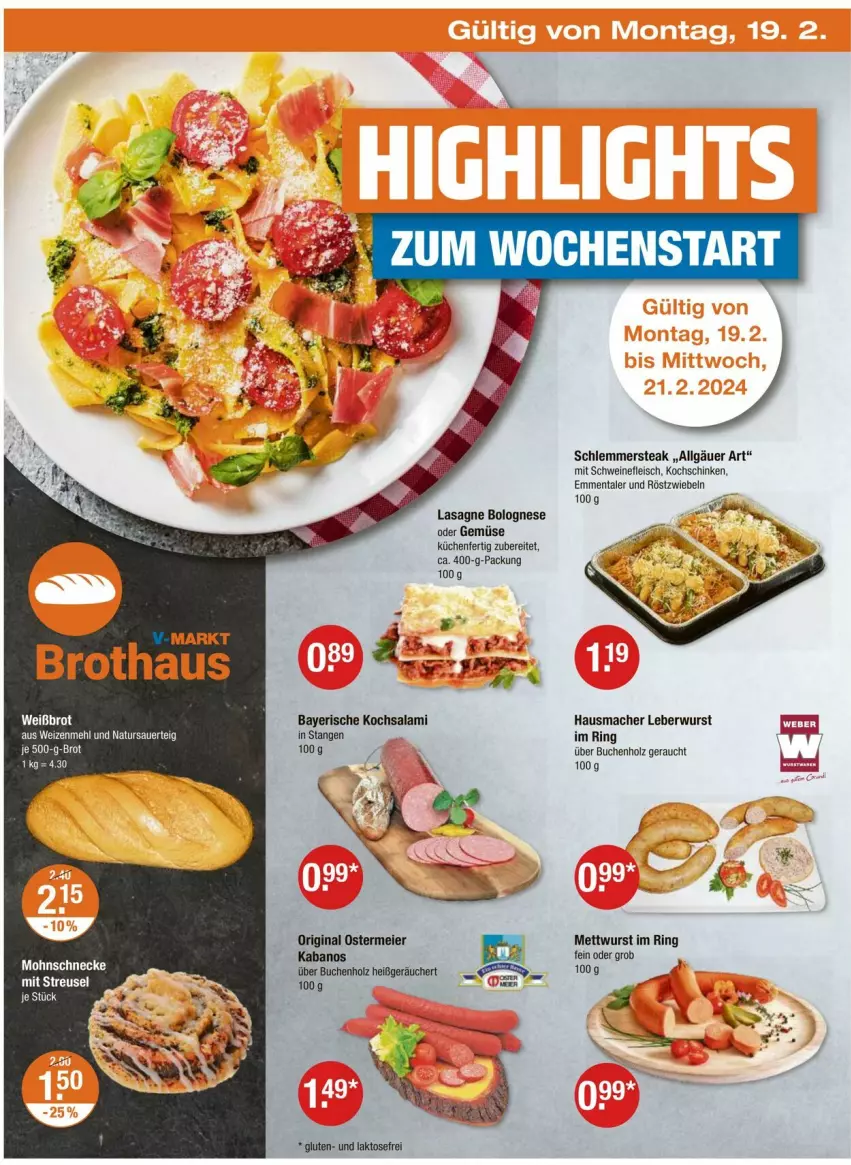 Aktueller Prospekt Vmarkt - Prospekte - von 15.02 bis 21.02.2024 - strona 22 - produkty: bolognese, brot, buch, eier, eis, emmentaler, fleisch, gin, Hausmacher, Holz, kabanos, kochschinken, küche, Küchen, lasagne, leberwurst, LG, mac, Mett, mettwurst, Rauch, ring, röstzwiebeln, salami, schinken, schwein, schweine, schweinefleisch, steak, Ti, wein, weine, wurst, zwiebel, zwiebeln