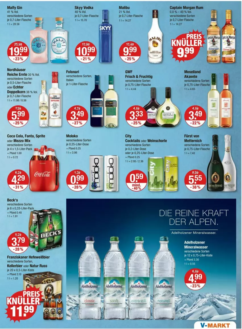 Aktueller Prospekt Vmarkt - Prospekte - von 15.02 bis 21.02.2024 - strona 9 - produkty: adelholzener, Alwa, beck's, bier, Cap, captain morgan, cocktail, cocktails, cola, doppelkorn, elle, ente, fanta, flasche, franziskaner, frucht, gin, Hefe, Holz, je 1-liter-flasche, kellerbier, korn, kraft, Malibu, Mett, metternich, Mezzo Mix, mineralwasser, moselland, natur, rum, schorle, skyy, Skyy Vodka, sprite, Ti, vodka, wasser, wein, weinschorle