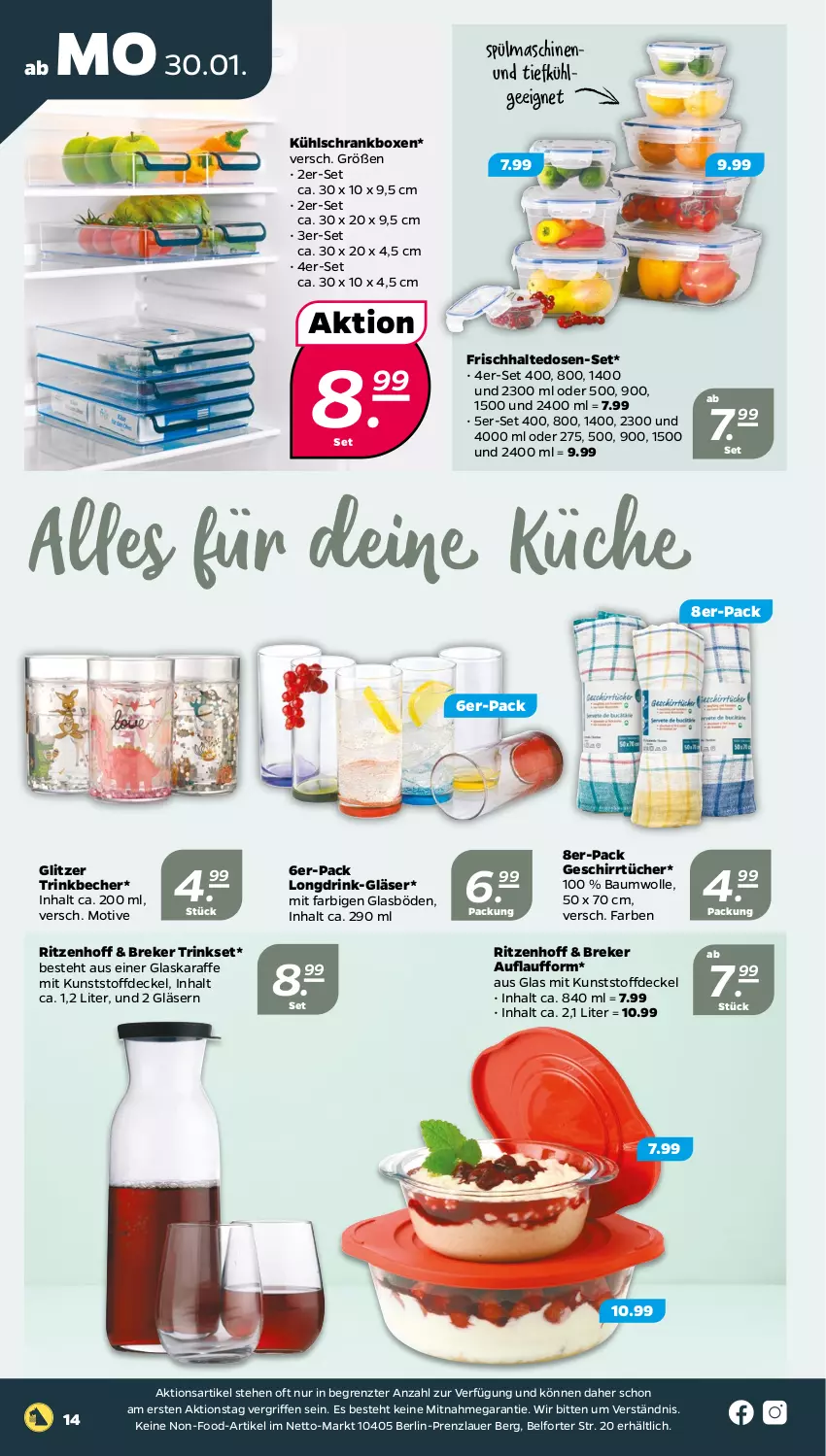 Aktueller Prospekt Netto - Woche 5 - von 30.01 bis 04.02.2023 - strona 14 - produkty: auer, Bau, baumwolle, Becher, decke, Deckel, drink, frischhaltedosen, geschirr, geschirrtücher, Gläser, glaskaraffe, Karaffe, küche, kühlschrank, LG, Schrank, spülmaschinen, Ti, trinkbecher, tücher, wolle, ZTE