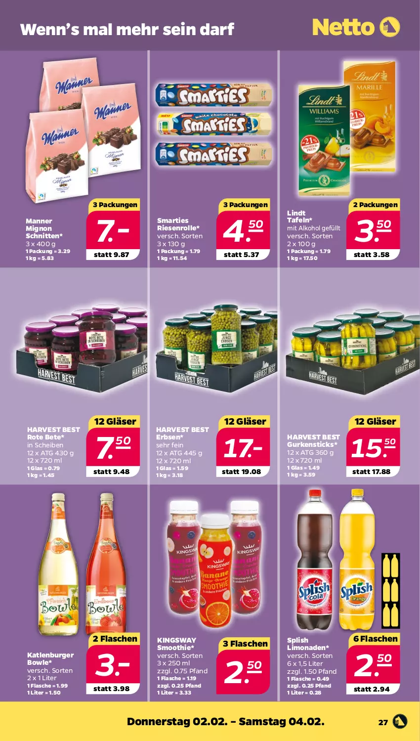 Aktueller Prospekt Netto - Woche 5 - von 30.01 bis 04.02.2023 - strona 27 - produkty: alkohol, bowle, burger, erbsen, flasche, Gläser, gsw, gurke, gurken, katlenburger, limo, limonade, limonaden, lindt, Manner, rote bete, schnitten, smarties, smoothie, Ti