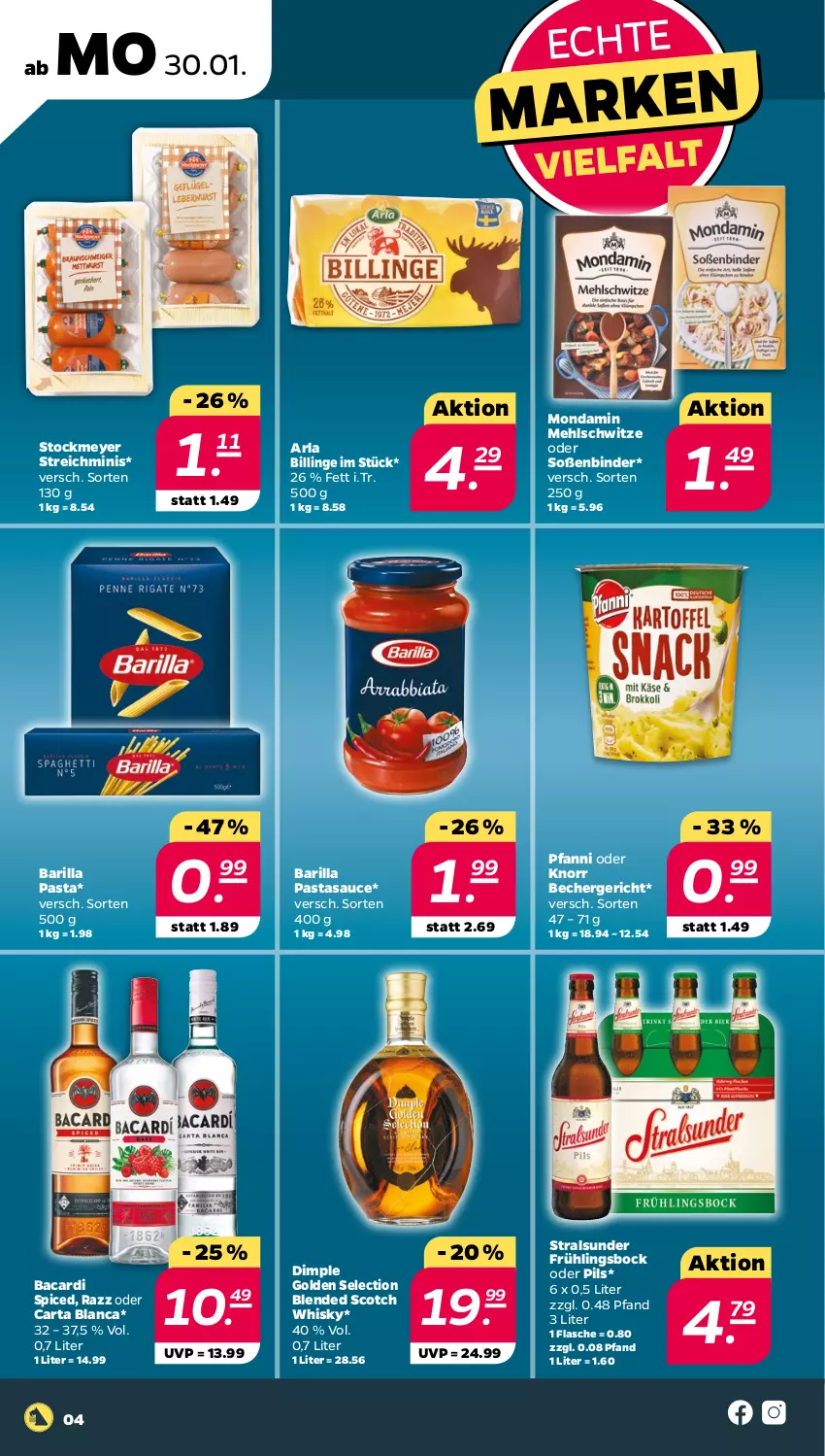 Aktueller Prospekt Netto - Woche 5 - von 30.01 bis 04.02.2023 - strona 4 - produkty: arla, bacardi, barilla, Becher, blended scotch, blended scotch whisky, flasche, knorr, mehl, mondamin, pasta, pfanni, pils, sauce, scotch, scotch whisky, Soße, stockmeyer, Ti, whisky