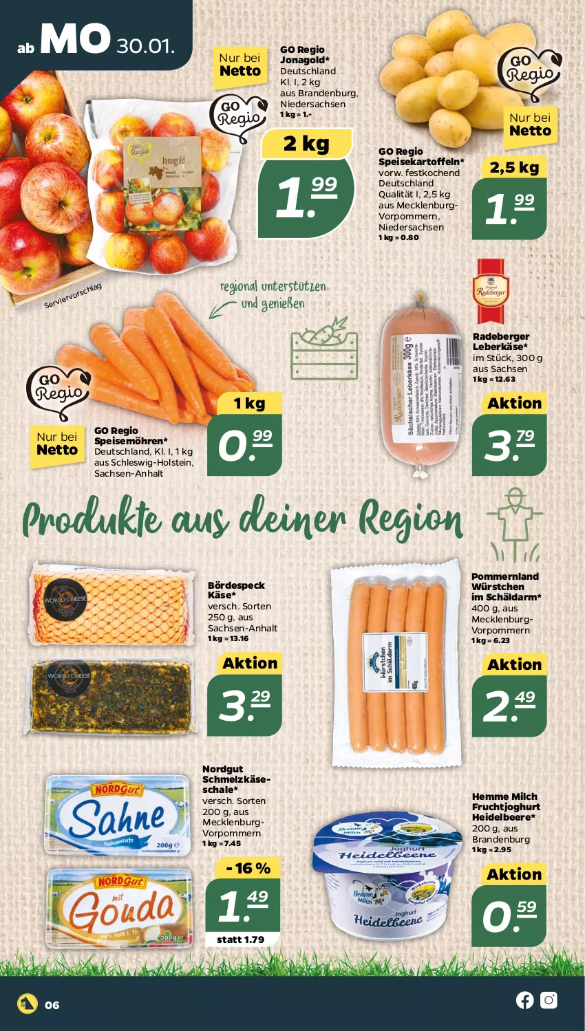 Aktueller Prospekt Netto - Woche 5 - von 30.01 bis 04.02.2023 - strona 6 - produkty: beere, Berger, eis, frucht, fruchtjoghurt, heidelbeere, joghur, joghurt, kartoffel, kartoffeln, Käse, leberkäs, leberkäse, milch, möhren, radeberger, sac, Schal, Schale, Schmelzkäse, Speck, speisekartoffeln, speisemöhren, Ti, würstchen