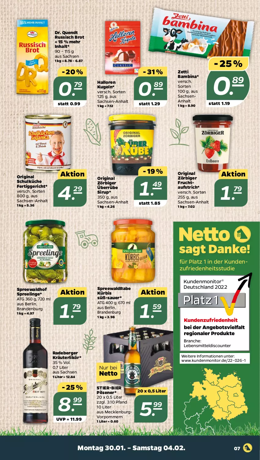 Aktueller Prospekt Netto - Woche 5 - von 30.01 bis 04.02.2023 - strona 7 - produkty: auer, aufstrich, Berger, bier, brot, fertiggericht, frucht, gin, kräuter, kräuterlikör, küche, Kugel, Kürbis, likör, monitor, pils, pilsener, radeberger, russisch brot, sac, sirup, spreewaldhof, Stier, Ti