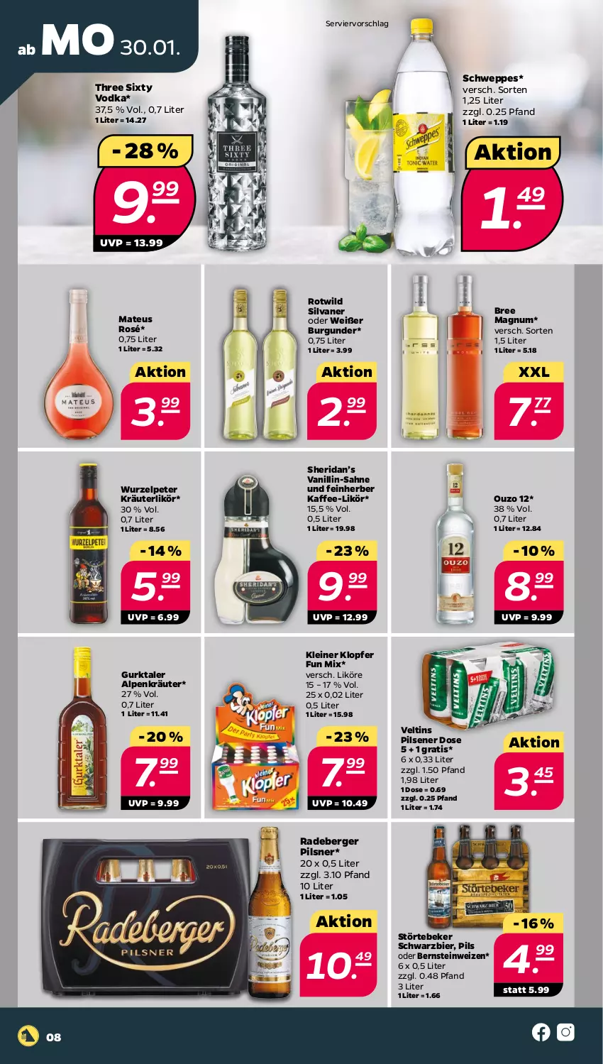 Aktueller Prospekt Netto - Woche 5 - von 30.01 bis 04.02.2023 - strona 8 - produkty: Berger, bier, bree, burgunder, Gurktaler, kaffee, kleiner klopfer, kräuter, kräuterlikör, leine, likör, magnum, mateus, ouzo, ouzo 12, pils, pilsener, pilsner, radeberger, radeberger pilsner, sahne, schweppes, silvaner, störtebeker, Three Sixty, Ti, veltins, veltins pilsener, vodka, Wild