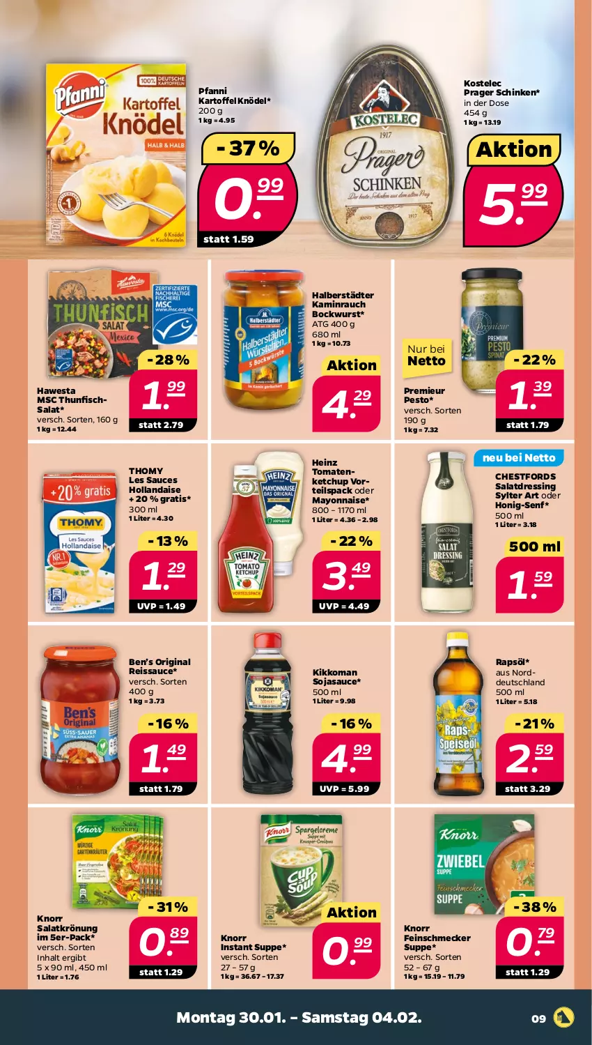 Aktueller Prospekt Netto - Woche 5 - von 30.01 bis 04.02.2023 - strona 9 - produkty: Ben’s Original, bockwurst, dressing, eis, feinschmecker, fisch, gin, hawesta, heinz, hollandaise, honig, Honig-Senf, Kamin, kartoffel, ketchup, kikkoman, Knödel, knorr, mayonnaise, pesto, pfanni, rapsöl, Rauch, reis, reiss, salat, salatdressing, salatkrönung, sauce, schinken, senf, soja, sojasauce, suppe, Sylter, thomy, thomy les sauces, thunfisch, Thunfischsalat, Ti, tomate, tomaten, tomatenketchup, wurst, Yo