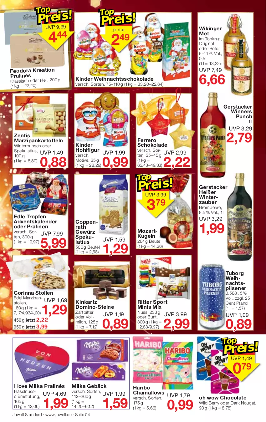 Aktueller Prospekt Jawoll - Prospekte - von 13.11 bis 19.11.2022 - strona 4 - produkty: Adventskalender, beere, beutel, brombeere, cola, coppenrath, ferrero, gewürz, gin, hama, haribo, haselnuss, kartoffel, kartoffeln, Kinder, Kugel, marzipan, milch, milka, nuss, pils, pilsener, pralinen, ritter, ritter sport, schoko, schokolade, Sport, Stollen, Ti, vollmilch, Wild, wild berry, zentis