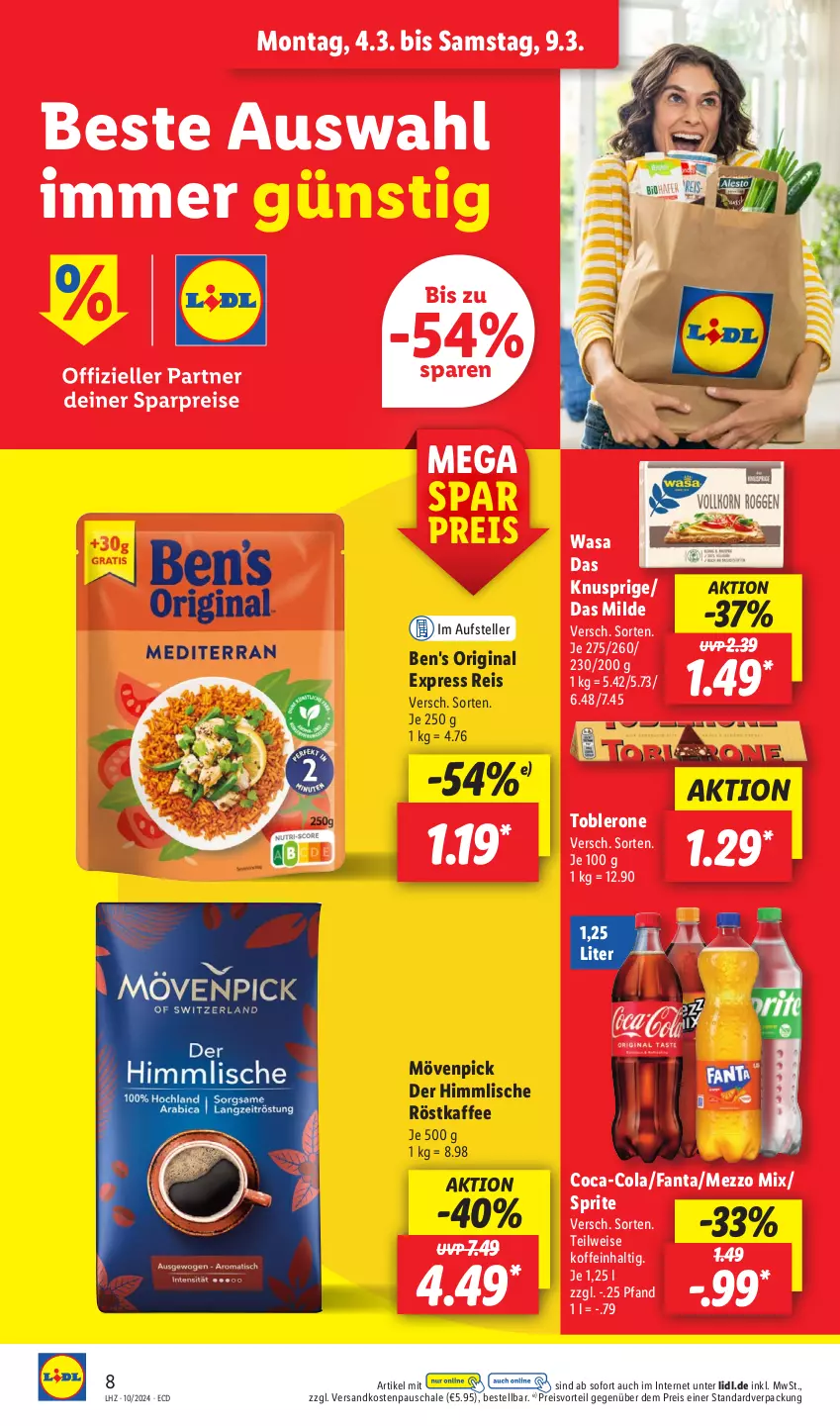 Aktueller Prospekt Lidl - Aktionsprospekt - von 04.03 bis 09.03.2024 - strona 12 - produkty: coca-cola, cola, eis, elle, fanta, gin, kaffee, Mezzo Mix, mövenpick, ndk, preisvorteil, reis, röstkaffee, Schal, Schale, sprite, teller, Ti, toblerone, wasa