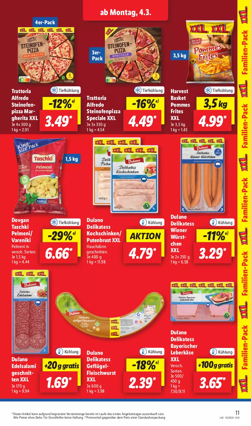 Aktueller Prospekt Lidl - Aktionsprospekt - von 04.03 bis 09.03.2024 - strona 15 - produkty: angebot, dovgan, dulano, Edelsalami, eis, fleisch, fleischwurst, Geflügel, Käse, kochschinken, leberkäs, leberkäse, margherita, Ofen, pelmeni, pizza, pommes, Pommes Frites, preisvorteil, pute, putenbrust, reis, Ria, salami, schinken, schnitten, steinofen, taschki, Ti, wiener, wiener würstchen, wurst, würstchen, ZTE