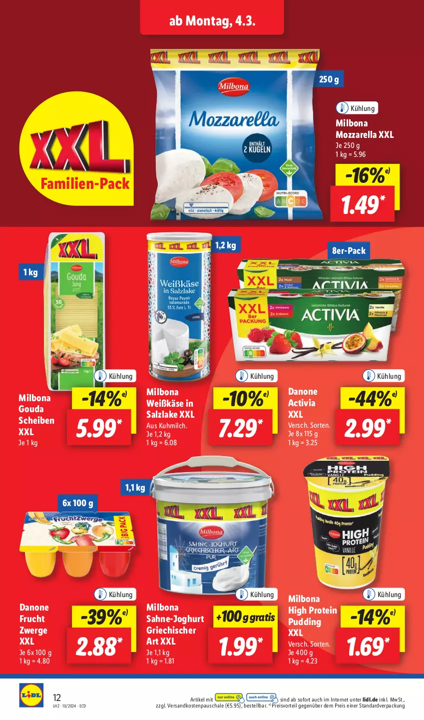 Aktueller Prospekt Lidl - Aktionsprospekt - von 04.03 bis 09.03.2024 - strona 16 - produkty: activia, Bona, danone, danone activia, eis, frucht, gouda, joghur, joghurt, Käse, Milbona, milch, mozzarella, ndk, preisvorteil, pudding, reis, rel, sahne, salz, Schal, Schale, Ti