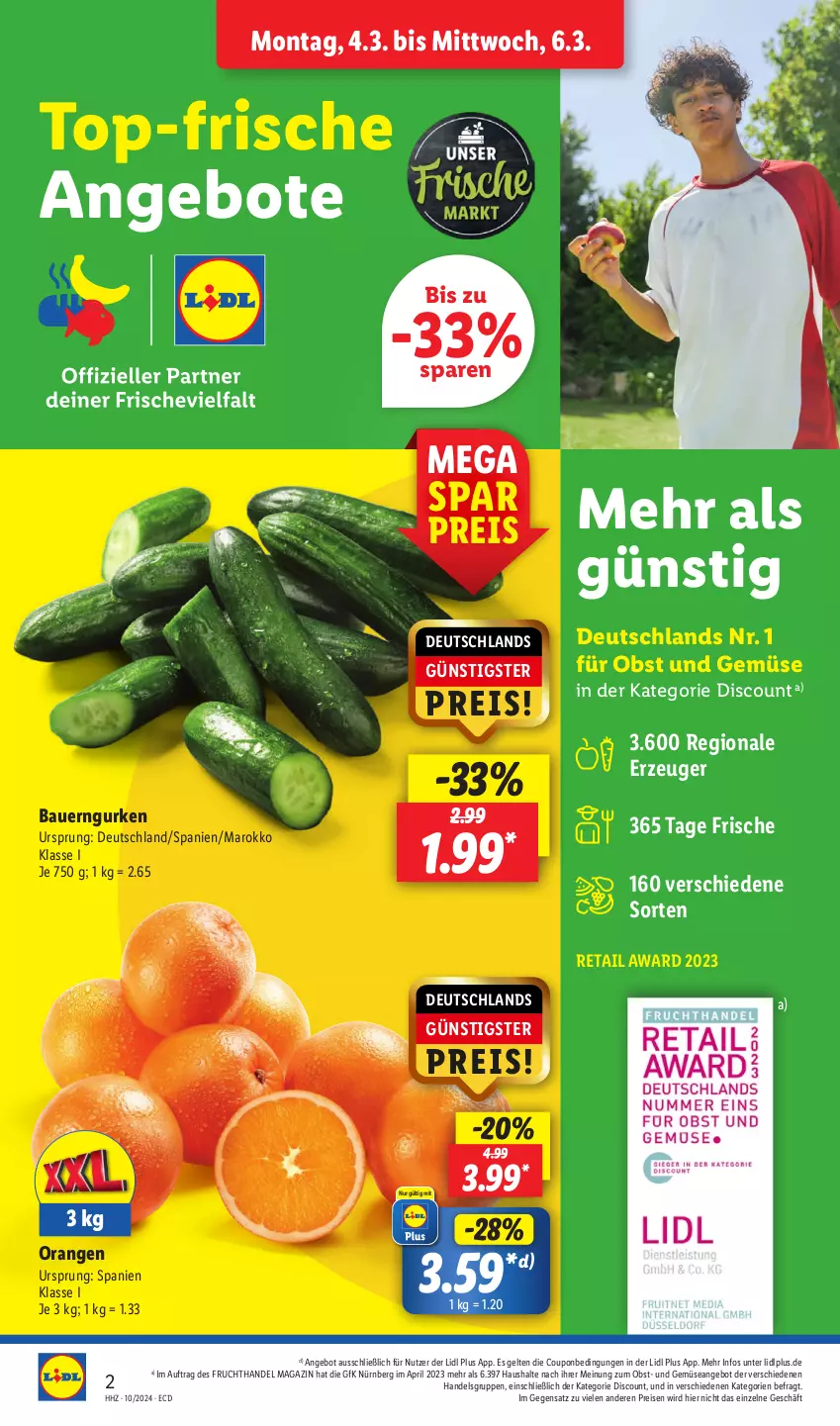 Aktueller Prospekt Lidl - Aktionsprospekt - von 04.03 bis 09.03.2024 - strona 2 - produkty: angebot, angebote, auer, Bau, Bauer, coupon, discount, eis, frucht, gurke, gurken, magazin, obst, Obst und Gemüse, orange, orangen, pril, reis, Ti, und gemüse