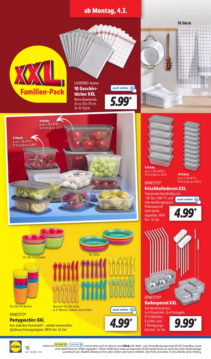 Aktueller Prospekt Lidl - Aktionsprospekt - von 04.03 bis 09.03.2024 - strona 20 - produkty: angebot, Bau, baumwolle, Becher, besteck, besteck-set, bürste, bürsten, dell, eis, eiswürfel, elle, ernesto, frischhaltedosen, gabel, geschirr, geschirrtücher, Kugel, Löffel, messer, mikrowelle, Mode, ndk, reine baumwolle, Reinigung, reinigungsbürste, reis, rwe, Schal, Schale, spülmaschinen, teller, Ti, Trinkhalme, tücher, wolle, würfel, ZTE