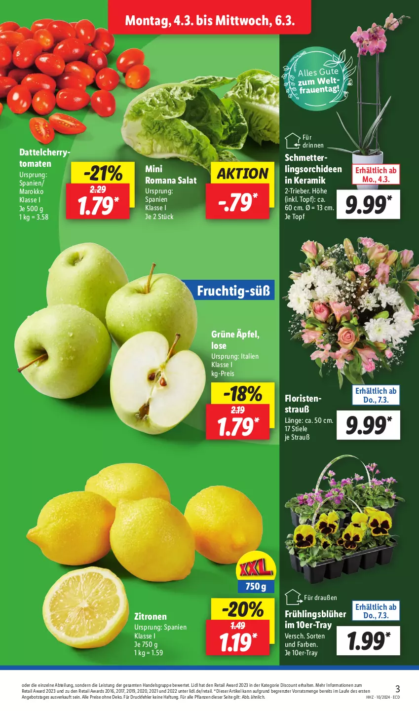 Aktueller Prospekt Lidl - Aktionsprospekt - von 04.03 bis 09.03.2024 - strona 3 - produkty: Abtei, angebot, cherrytomaten, discount, eis, frucht, Mett, orchidee, orchideen, pflanze, pflanzen, reis, salat, Schmetterling, Ti, tomate, tomaten, topf, zitrone, zitronen, ZTE