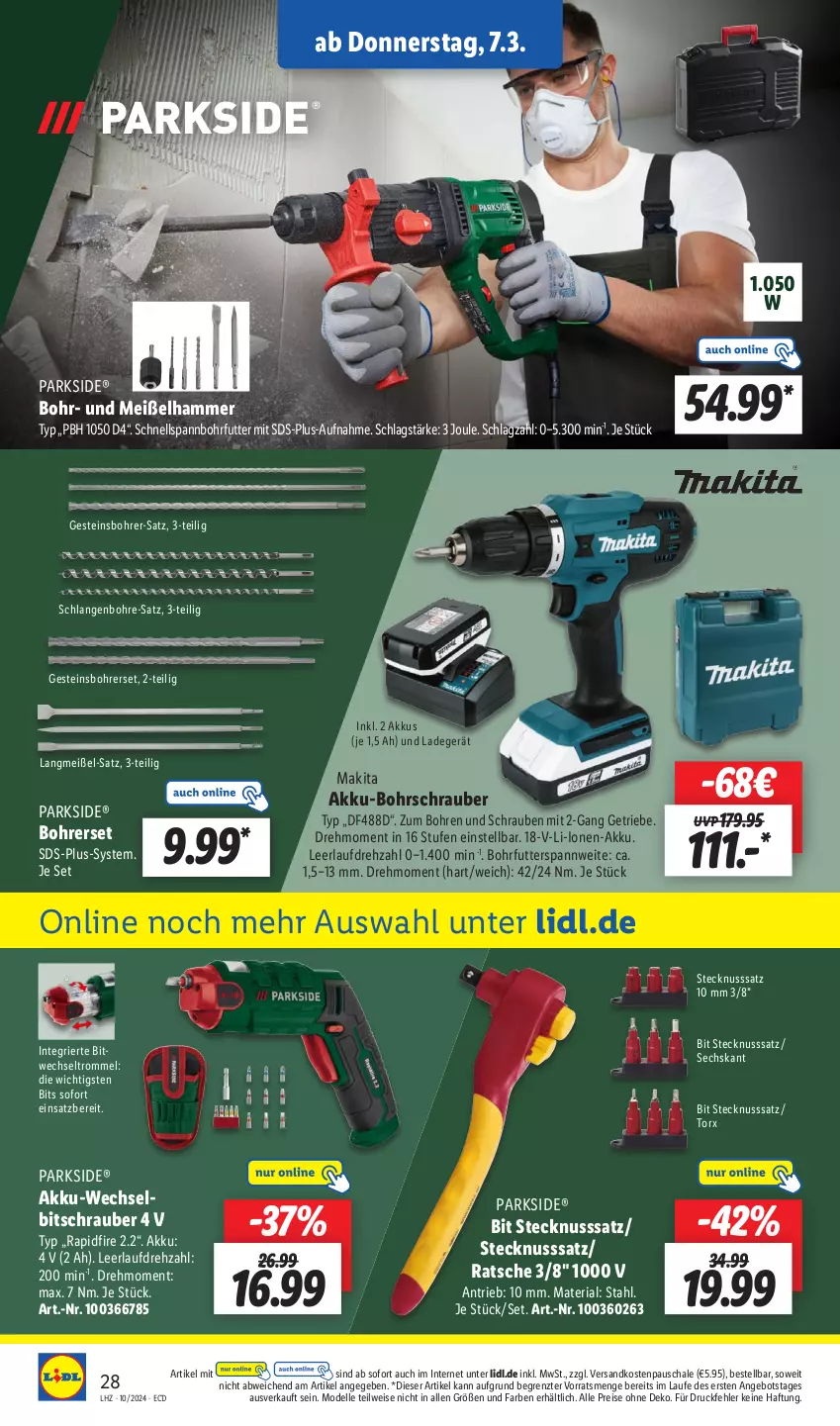 Aktueller Prospekt Lidl - Aktionsprospekt - von 04.03 bis 09.03.2024 - strona 38 - produkty: akku, akku-bohrschrauber, angebot, Bohrerset, Bohrschrauber, dell, eis, elle, ladegerät, Makita, Mode, ndk, nuss, Parkside, reis, Ria, Schal, Schale, schrauben, Stecknusssatz, Ti, trommel, ZTE