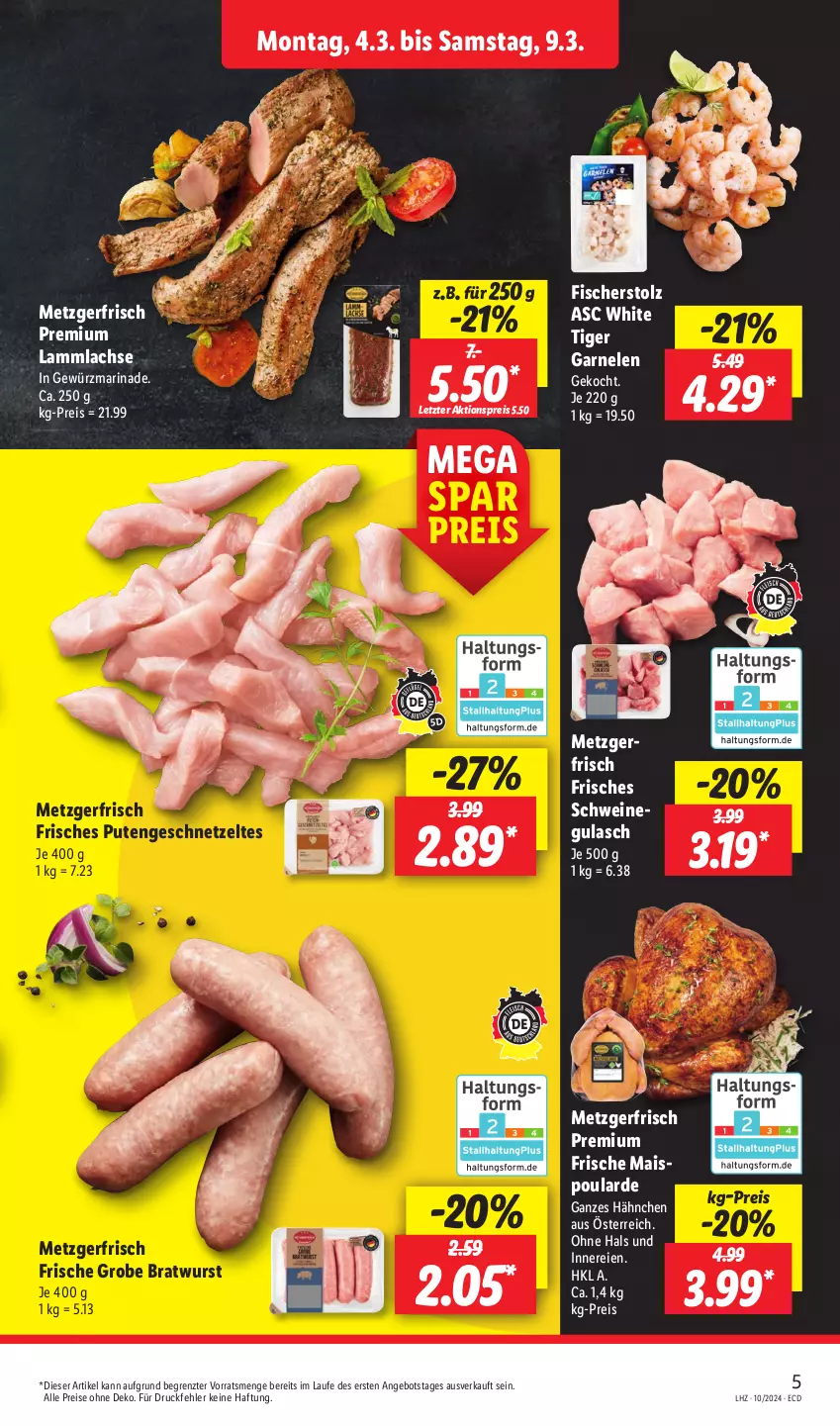 Aktueller Prospekt Lidl - Aktionsprospekt - von 04.03 bis 09.03.2024 - strona 5 - produkty: aktionspreis, angebot, bratwurst, eis, fisch, fische, Fischer, garnelen, geschnetzeltes, gewürz, grobe bratwurst, gulasch, lachs, lamm, lammlachse, mais, marinade, pute, Putengeschnetzeltes, reis, schwein, schweine, Ti, wein, weine, wurst, Zelt, ZTE