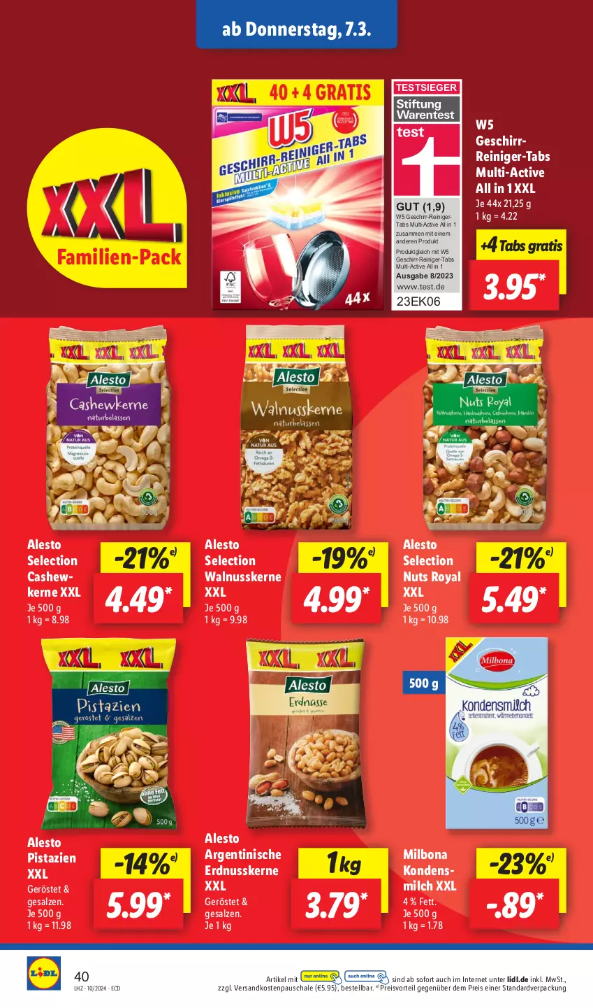 Aktueller Prospekt Lidl - Aktionsprospekt - von 04.03 bis 09.03.2024 - strona 50 - produkty: alesto, Bona, Cashew, cashewkerne, eis, erdnuss, geschirr, kondensmilch, Milbona, milch, ndk, nuss, pistazien, preisvorteil, reiniger, reis, salz, Schal, Schale, Ti, walnuss, walnusskerne