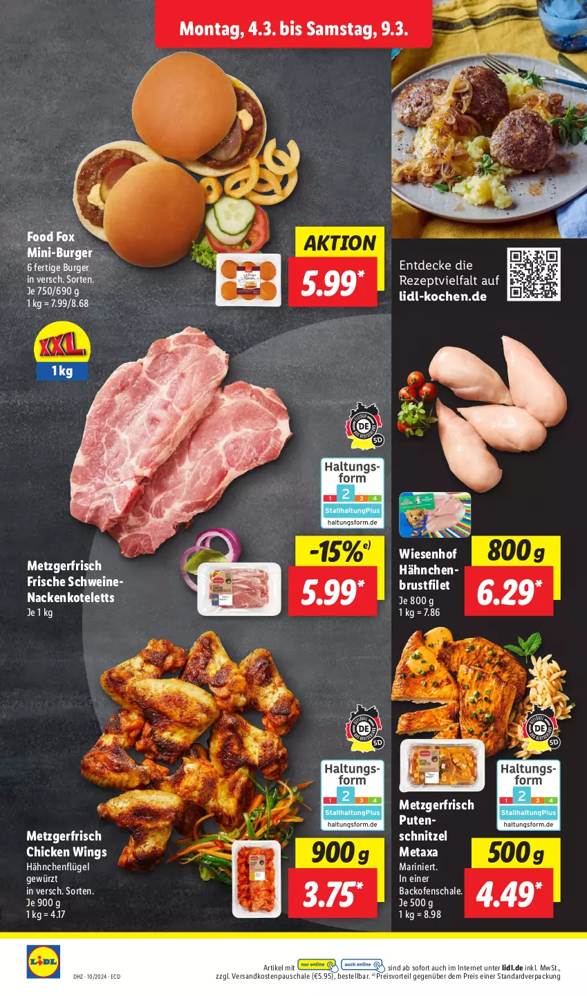 Aktueller Prospekt Lidl - Aktionsprospekt - von 04.03 bis 09.03.2024 - strona 6 - produkty: backofen, brustfilet, burger, chicken wings, decke, eis, filet, gewürz, hähnchenbrust, hähnchenbrustfilet, hähnchenflügel, kotelett, Metaxa, nackenkoteletts, ndk, Ofen, preisvorteil, pute, putenschnitzel, reis, rezept, Schal, Schale, schnitzel, schwein, schweine, schweinenacken, Ti, wein, weine, wiesenhof