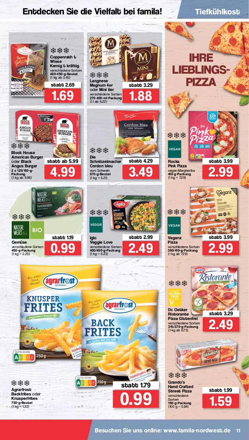 Aktueller Prospekt Famila - Prospekte - von 14.03 bis 19.03.2022 - strona 11 - produkty: agrarfrost, beutel, burger, coppenrath, cordon bleu, decke, Dr. Oetker, iglo, lack, langnese, mac, magnum, margherita, pizza, ristorante, ristorante pizza, schnitzel, schwein, Ti, tiefkühlkost, veggie, Veggie Love, wein