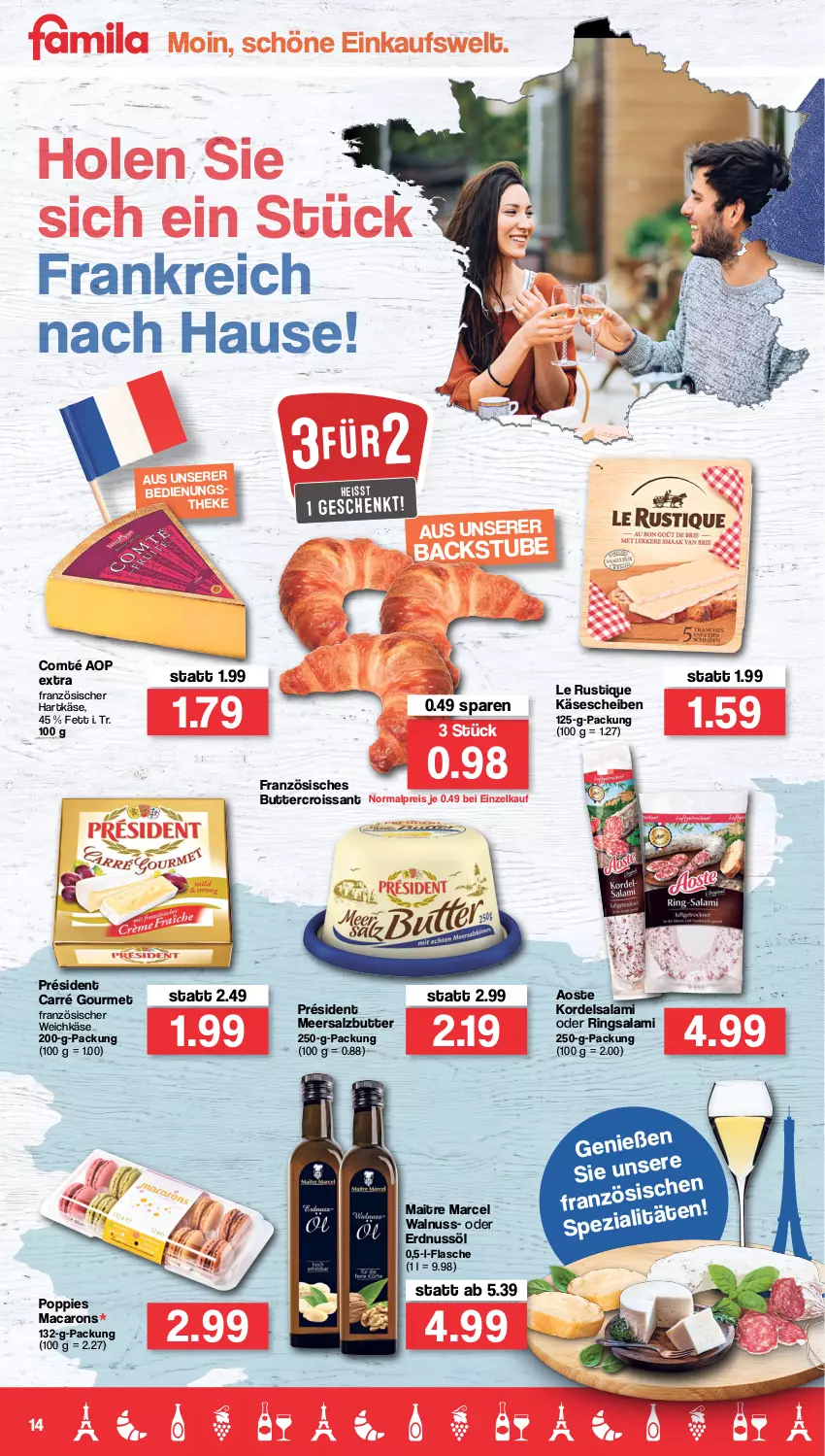 Aktueller Prospekt Famila - Prospekte - von 14.03 bis 19.03.2022 - strona 14 - produkty: butter, comté, Croissant, eis, erdnuss, flasche, französischer weichkäse, hartkäse, Käse, käsescheiben, Le Rustique, mac, Macarons, meersalz, Meersalzbutter, nuss, Popp, reis, ring, salami, salz, stube, Ti, walnuss, weichkäse