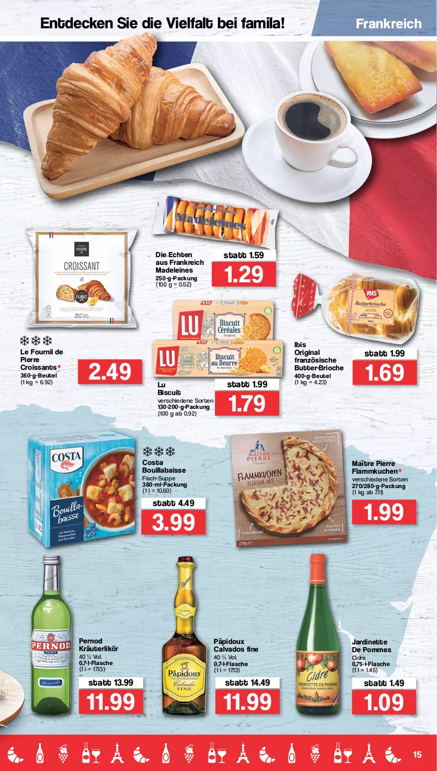 Aktueller Prospekt Famila - Prospekte - von 14.03 bis 19.03.2022 - strona 15 - produkty: beutel, butter, Croissant, croissants, decke, fisch, flammkuchen, flasche, gin, kräuter, kräuterlikör, kuchen, lamm, leine, likör, pommes, suppe