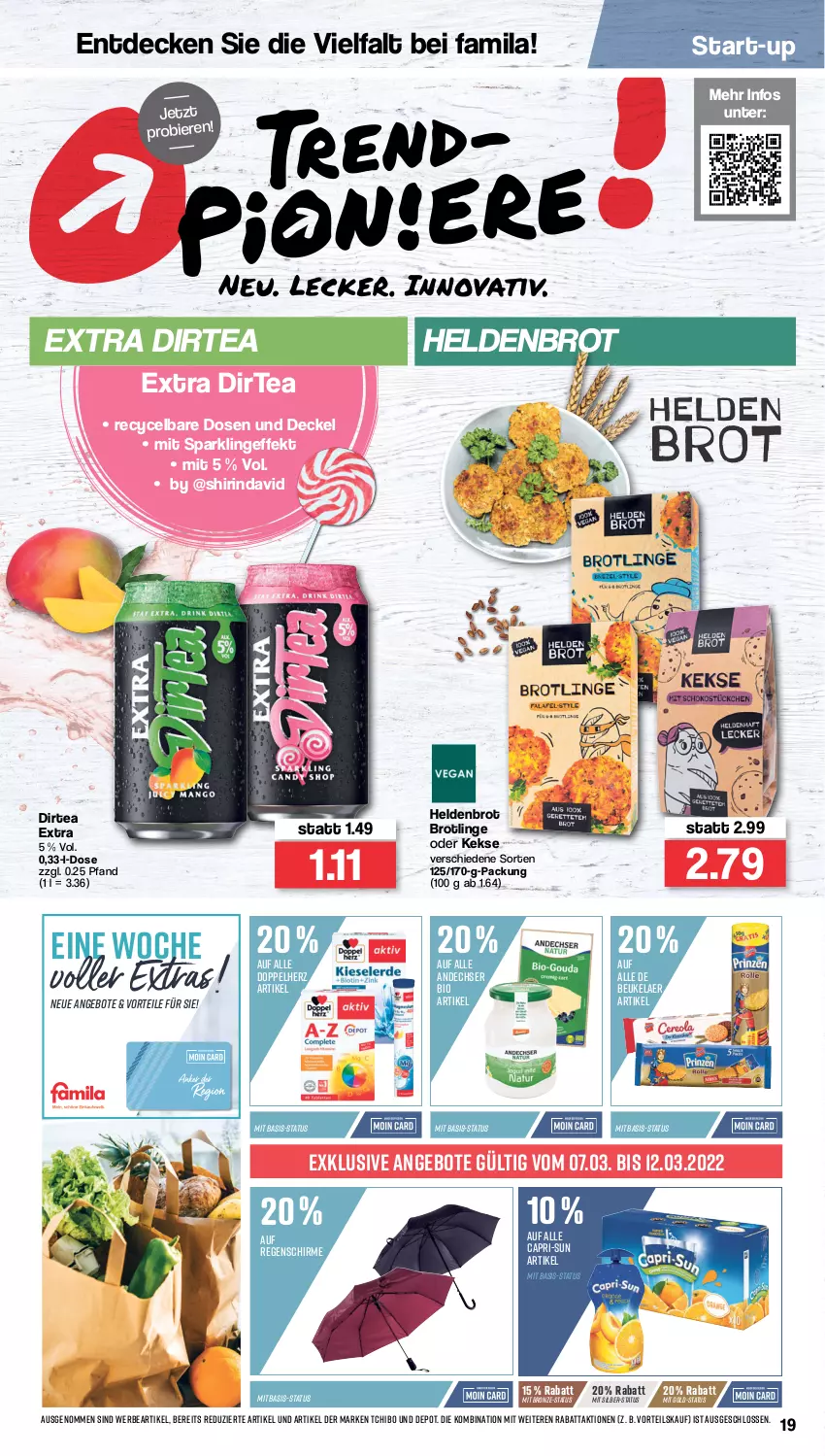 Aktueller Prospekt Famila - Prospekte - von 14.03 bis 19.03.2022 - strona 19 - produkty: angebot, angebote, bier, Biere, bio, brot, Cap, capri-sun, de beukelaer, decke, Deckel, doppelherz, keks, kekse, rind, schirme, Tchibo, Ti