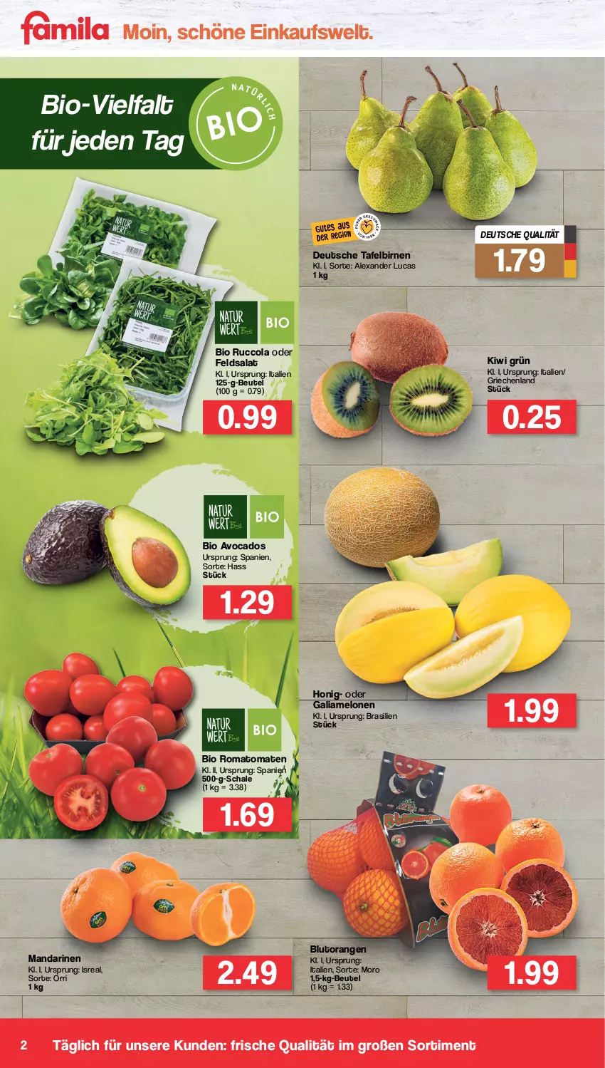 Aktueller Prospekt Famila - Prospekte - von 14.03 bis 19.03.2022 - strona 2 - produkty: alexa, avocado, avocados, beutel, bio, Birnen, Blutorange, cola, feldsalat, galiamelone, honig, kiwi, mandarine, mandarinen, melone, melonen, orange, orangen, Romatomaten, salat, Schal, Schale, tafelbirnen, Ti, tomate, tomaten