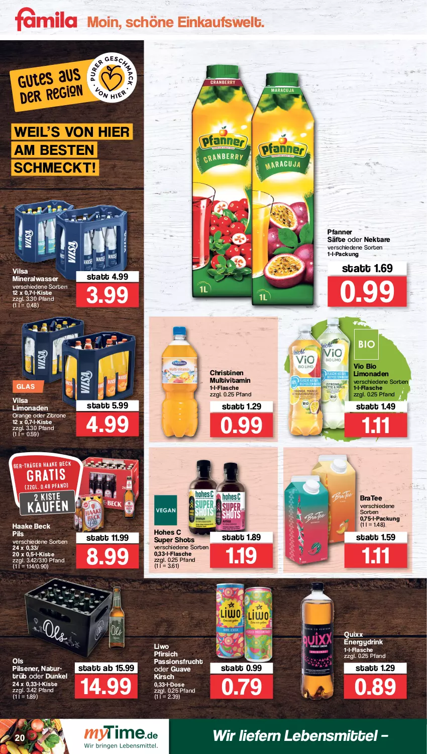 Aktueller Prospekt Famila - Prospekte - von 14.03 bis 19.03.2022 - strona 20 - produkty: Alwa, bio, bio limo, BraTee, drink, flasche, frucht, Guave, Hohes C, kirsch, lebensmittel, limo, limonade, limonaden, mineralwasser, natur, Nektar, orange, passionsfrucht, pfanne, Pfanner, pfirsich, pils, pilsener, Quixx, säfte, tee, Ti, vilsa, vio bio limo, vita, wasser, zitrone