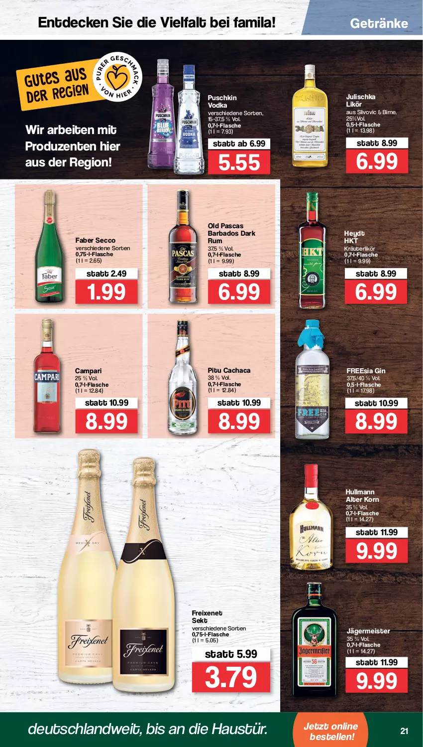 Aktueller Prospekt Famila - Prospekte - von 14.03 bis 19.03.2022 - strona 21 - produkty: aust, Bad, Cachaca, campari, decke, ecco, eis, elle, ente, flasche, freixenet, Germ, getränk, getränke, gin, jägermeister, Julischka, korn, kräuter, kräuterlikör, likör, Meister, puschkin vodka, rum, sekt, vodka