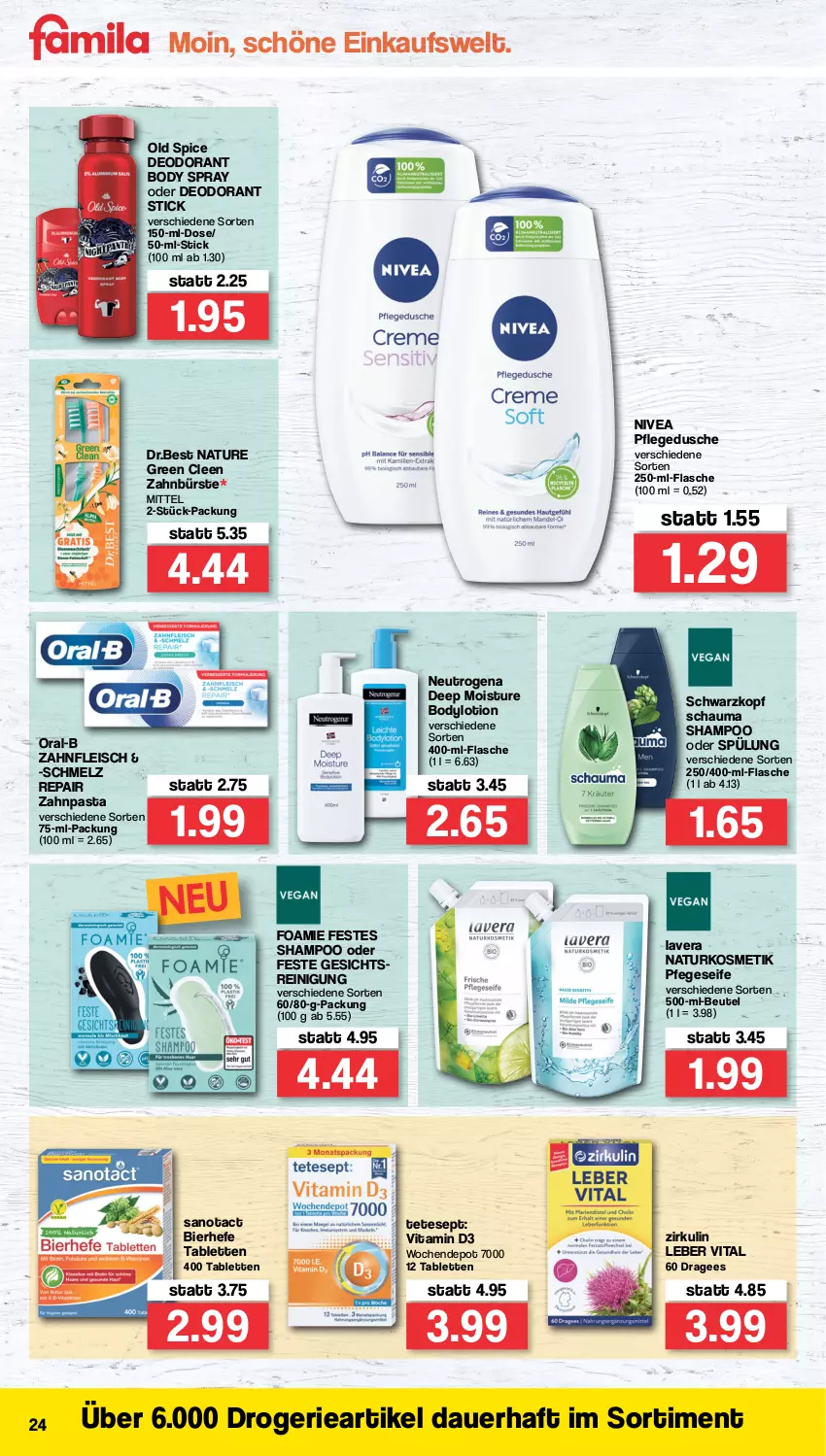 Aktueller Prospekt Famila - Prospekte - von 14.03 bis 19.03.2022 - strona 24 - produkty: auer, beutel, bier, body, bodylotion, bürste, deo, deodorant, dusche, eis, flasche, fleisch, Hefe, kosmetik, lavera, Lotion, natur, naturkosmetik, neutrogena, nivea, Old Spice, oral-b, pasta, pflegedusche, Reinigung, schauma, schauma shampoo, schwarzkop, schwarzkopf, Seife, shampoo, shampoo oder spülung, spülung, tablet, tablett, Tablette, Ti, vita, Vitamin D, zahnbürste, zahnpasta