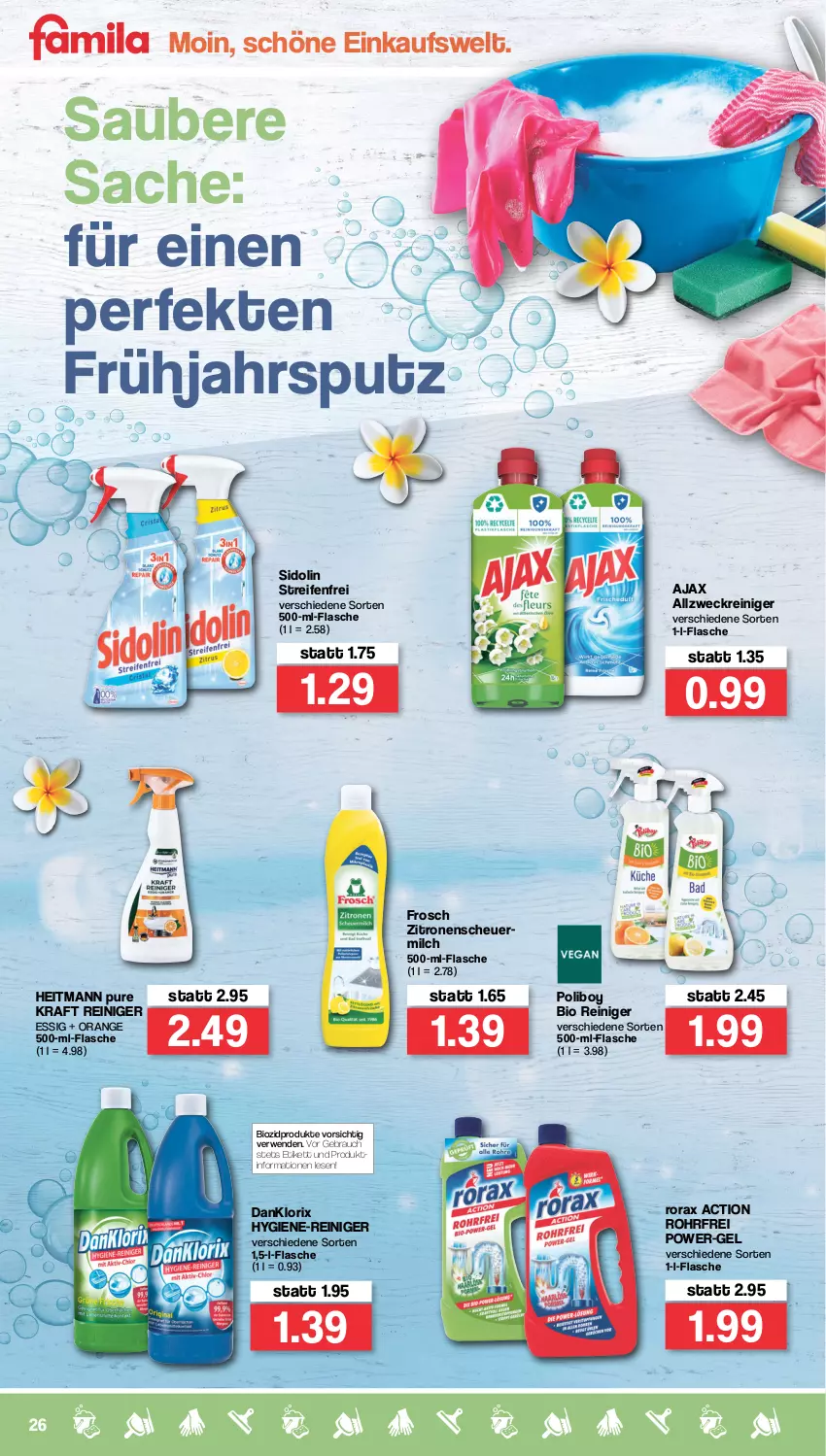 Aktueller Prospekt Famila - Prospekte - von 14.03 bis 19.03.2022 - strona 26 - produkty: ajax, allzweckreiniger, bio, biozidprodukte, danklorix, essig, flasche, Frosch, heitmann, Heu, hygiene-reiniger, kraft, milch, orange, power-gel, Rauch, reifen, reiniger, rorax, rwe, sac, scheuermilch, sidolin, Ti, weck, zitrone, zitronen