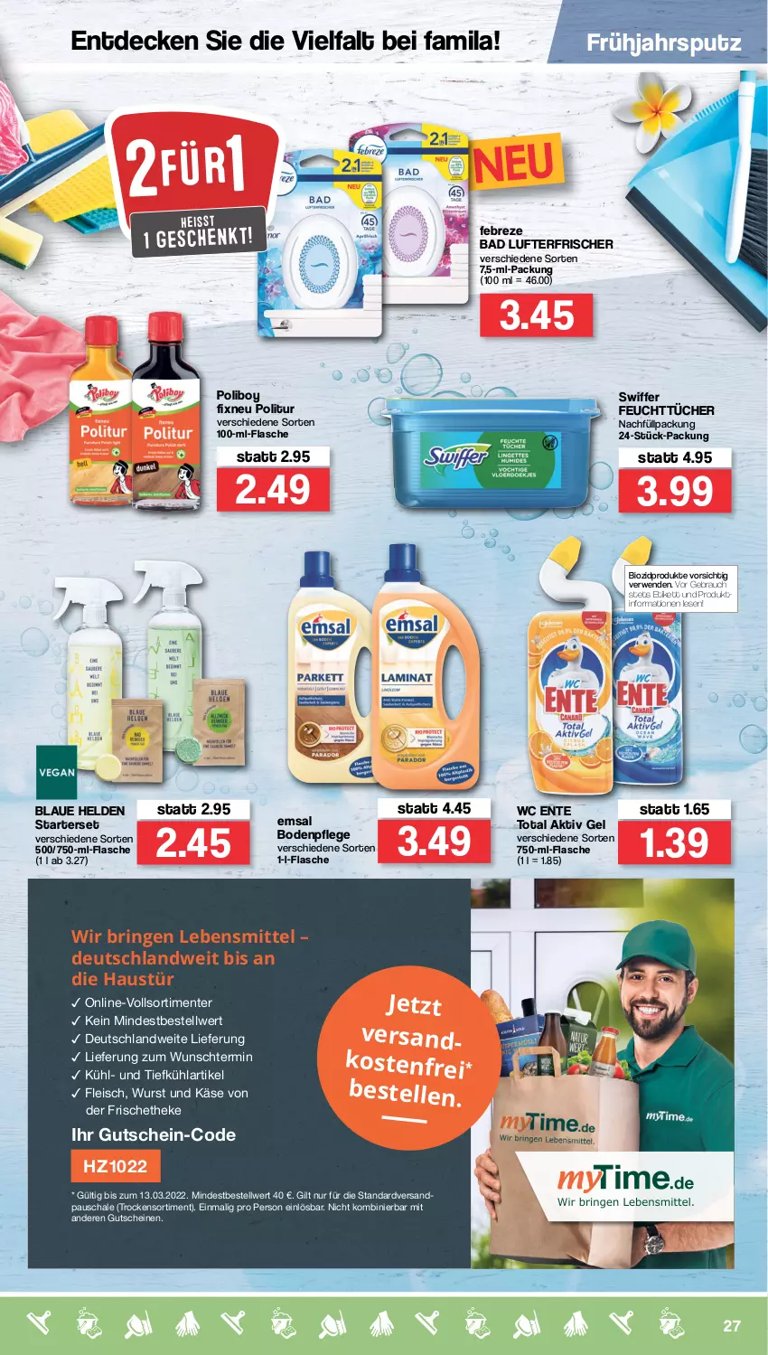 Aktueller Prospekt Famila - Prospekte - von 14.03 bis 19.03.2022 - strona 27 - produkty: aktiv gel, aust, Bad, bio, biozidprodukte, decke, eis, elle, emsa, ente, febreze, feuchttücher, flasche, fleisch, gutschein, gutscheine, Käse, lebensmittel, lufterfrischer, ndk, Rauch, ring, rwe, Schal, Schale, swiffer, Ti, tücher, wc ente, wurst