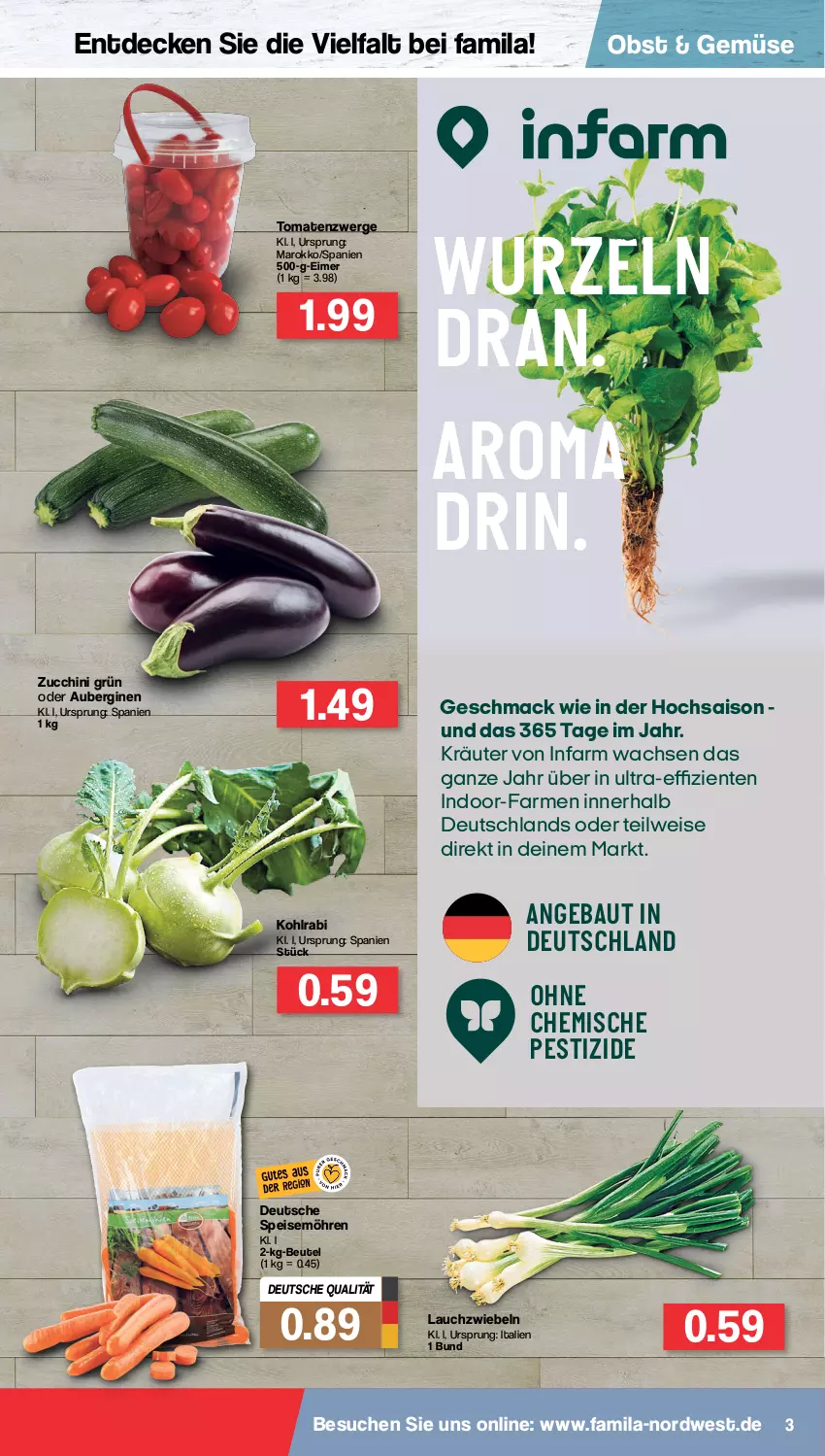 Aktueller Prospekt Famila - Prospekte - von 14.03 bis 19.03.2022 - strona 3 - produkty: aubergine, auberginen, Bau, beutel, decke, eimer, eis, ente, gin, kohlrabi, kräuter, Lauchzwiebel, lauchzwiebeln, mac, möhren, obst, speisemöhren, Ti, tomate, tomaten, zucchini, zwiebel, zwiebeln