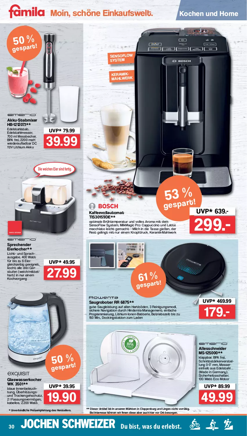 Aktueller Prospekt Famila - Prospekte - von 14.03 bis 19.03.2022 - strona 30 - produkty: ACC, akku, auto, batterie, Becher, beleuchtung, Cap, cappuccino, chia, cin, edelstahl, edelstahlmesser, eier, Eierkocher, eis, elle, Germ, kaffee, kaffeevollautomat, Kocher, latte, latte macchiato, mac, macchiato, Messbecher, messer, milch, Mixer, Reinigung, reis, Saugroboter, Schal, stabmixer, tasse, teller, Ti, wasser, wasserkocher